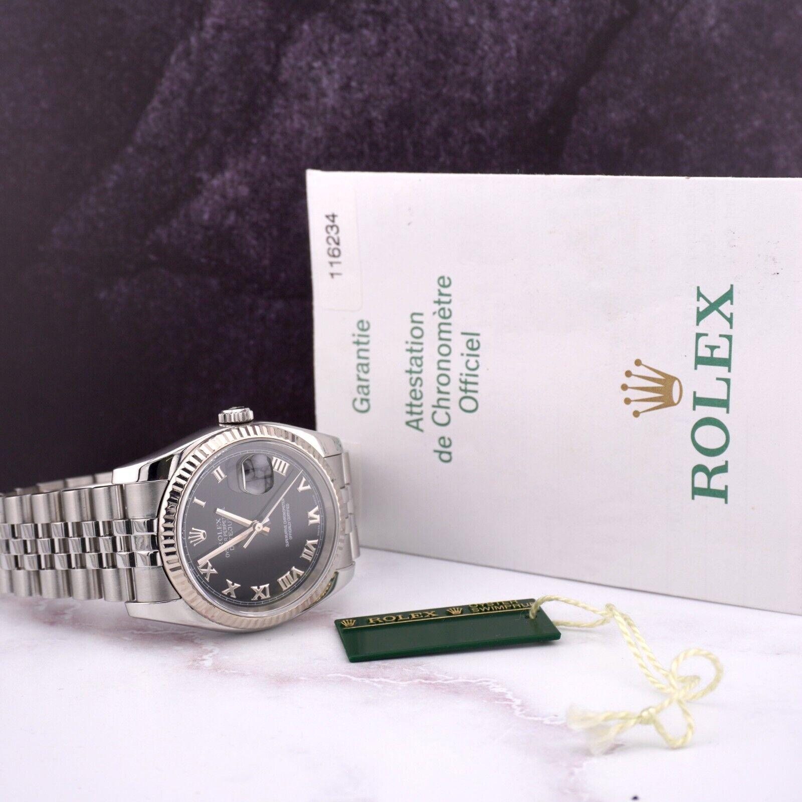 Rolex Datejust 36mm Black Dial Roman 18k WG Fluted Jubilee Mens Watch 116234 For Sale 2