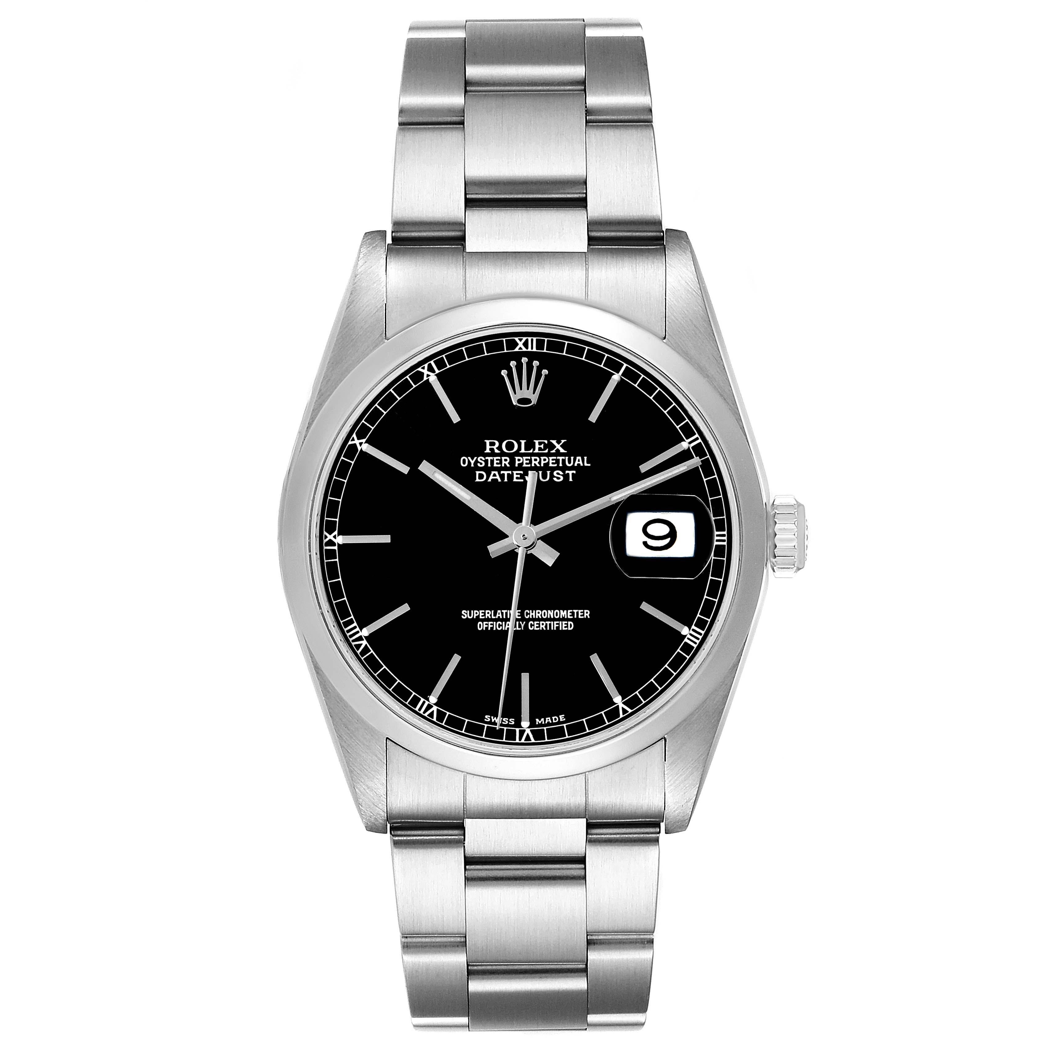 Rolex Datejust 36mm Black Dial Smooth Bezel Steel Mens Watch 16200 Box Papers. Officially certified chronometer automatic self-winding movement with quickset date function. Stainless steel oyster case 36mm in diameter. Rolex logo on the crown.