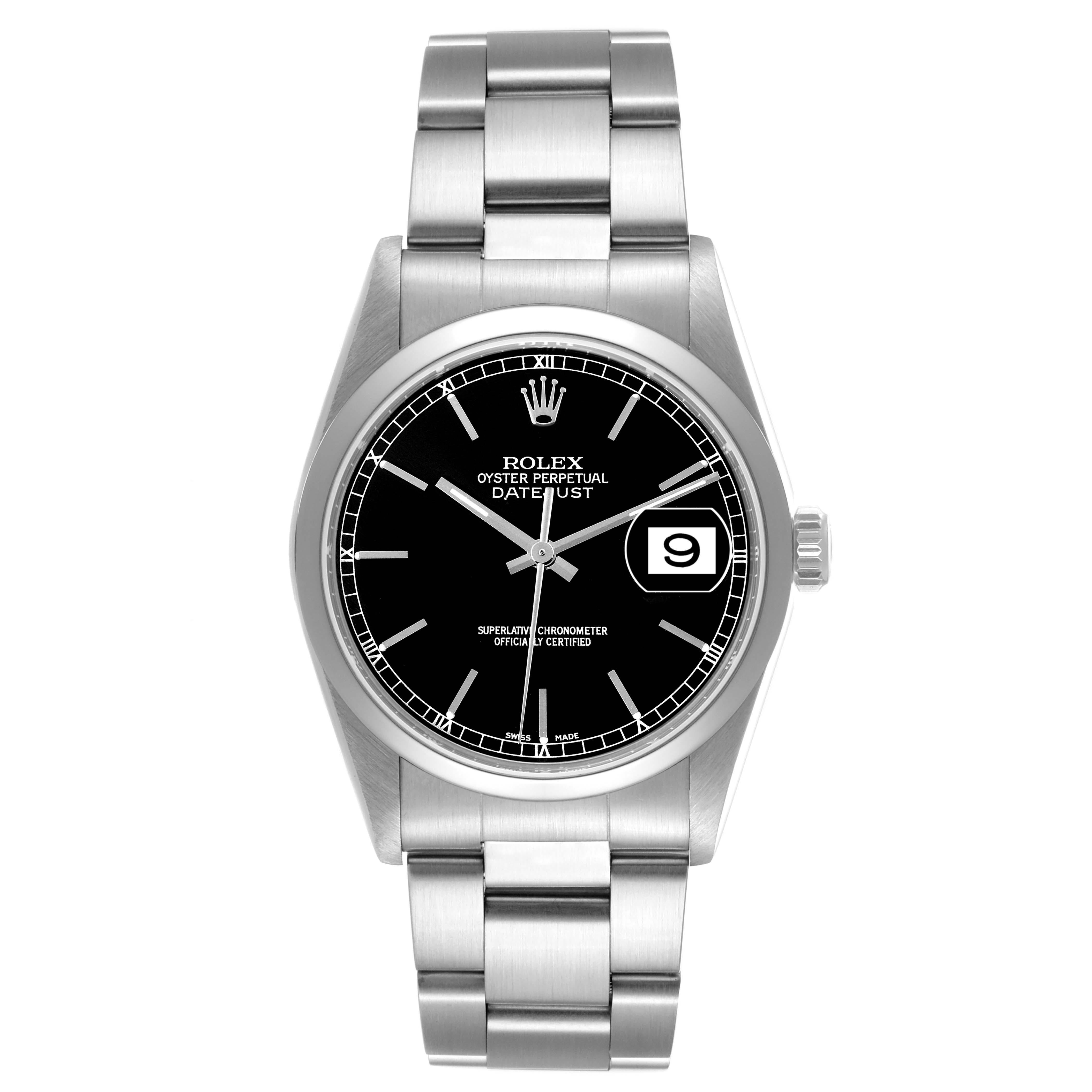 Rolex Datejust 36mm Black Dial Smooth Bezel Steel Mens Watch 16200. Officially certified chronometer automatic self-winding movement with quickset date function. Stainless steel oyster case 36mm in diameter. Rolex logo on the crown. Stainless steel