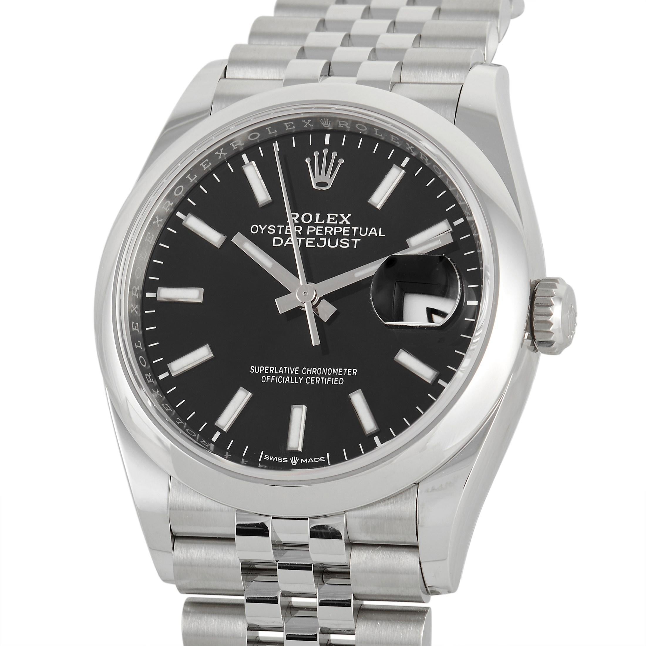 The Rolex Datejust Watch, reference number 126200, is striking in its simplicity. 

This luxury timepiece is sleek, streamlined, and inherently sophisticated. Crafted from Stainless Steel, the round 36mm case perfectly showcases the minimalist black