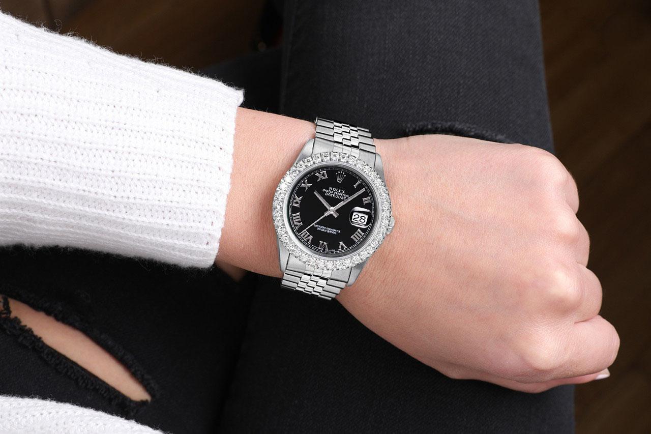 We take great pride in presenting this timepiece, which is in impeccable condition, having undergone professional polishing and servicing to maintain its pristine appearance. The watch features aftermarket diamonds (non-Rolex), and there are no