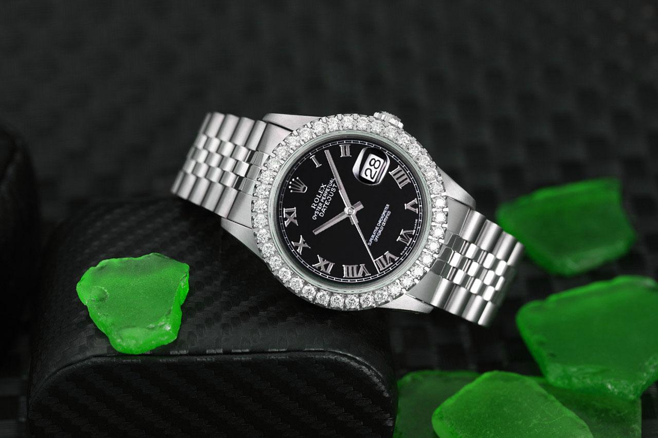 Rolex Datejust Montre Jubilé en acier, cadran romain noir et lunette à diamants Excellent état - En vente à New York, NY