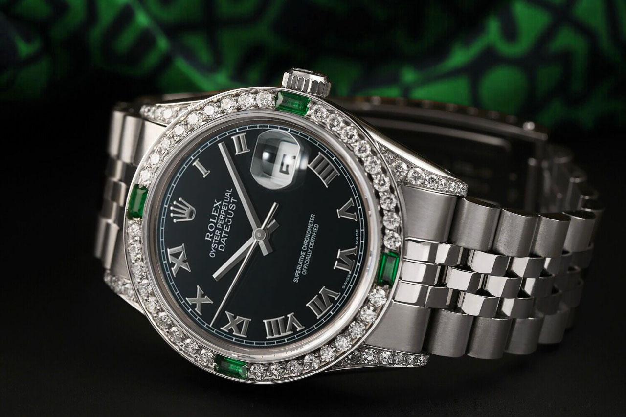 
 We take great pride in presenting this timepiece, which is in impeccable condition, having undergone professional polishing and servicing to maintain its pristine appearance. The watch features aftermarket diamonds (non-Rolex), and there are no