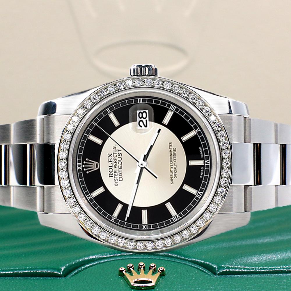 Rolex Datejust 36MM Schwarz/Silber „Bullseye“ Stick-Uhr mit maßgefertigter Lünette 116200 im Angebot 3