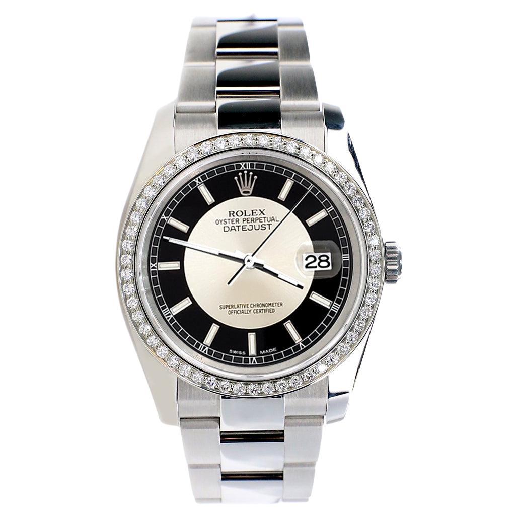 Rolex Datejust 36MM Black/Silver "Bullseye" Stick Watch with Custom Bezel 116200 For Sale