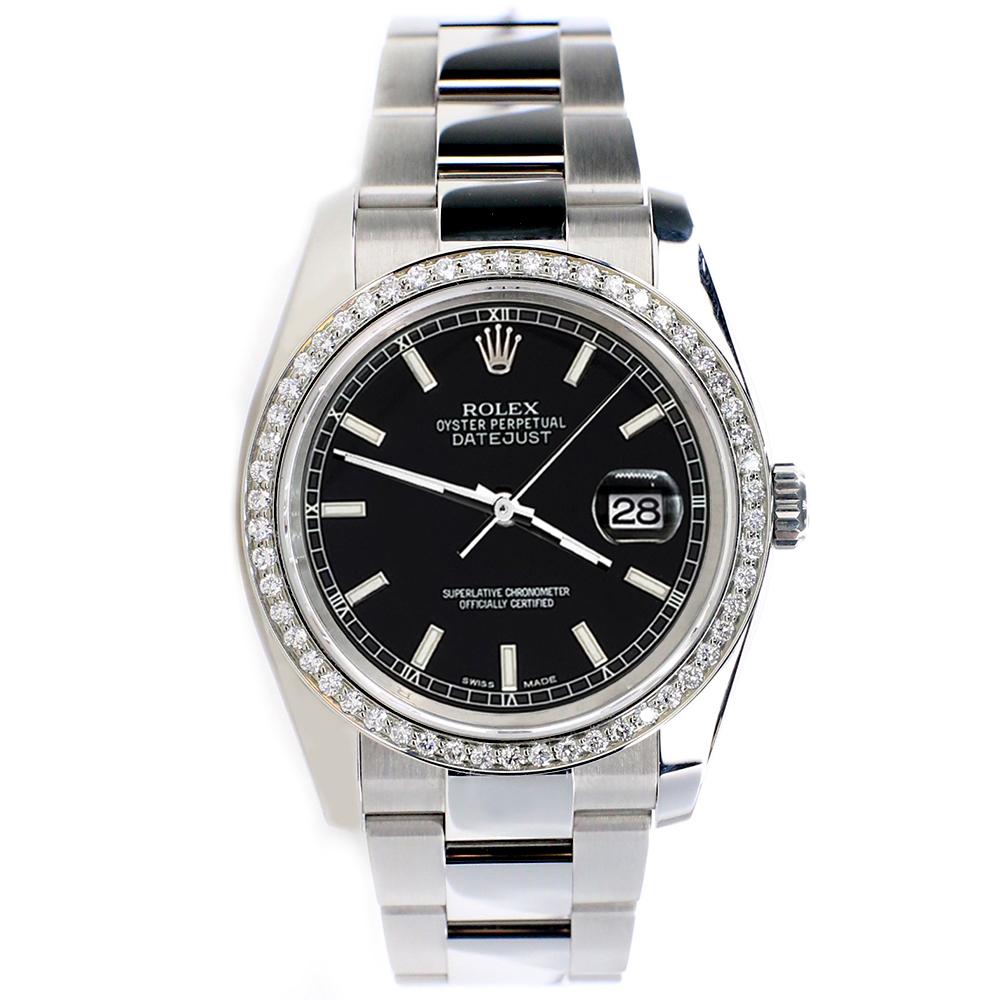 Rolex Datejust 36mm Stainless Steel oyster Watch, ref #116200. Factory black stick dial. Custom diamond bezel (diamonds are not set by Rolex).

Excellent, pristine condition, no signs of wear, works flawlessly, comes with Rolex box, certificate of