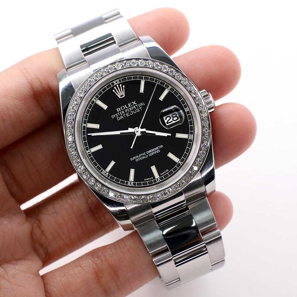 Modern Rolex Datejust 36MM Black Stick Dial Watch with Custom Diamond Bezel 116200 For Sale
