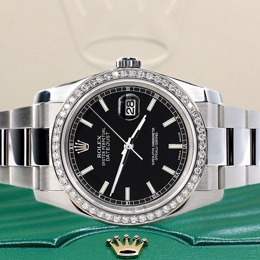 Rolex Datejust 36MM Black Stick Dial Watch with Custom Diamond Bezel 116200 For Sale 2