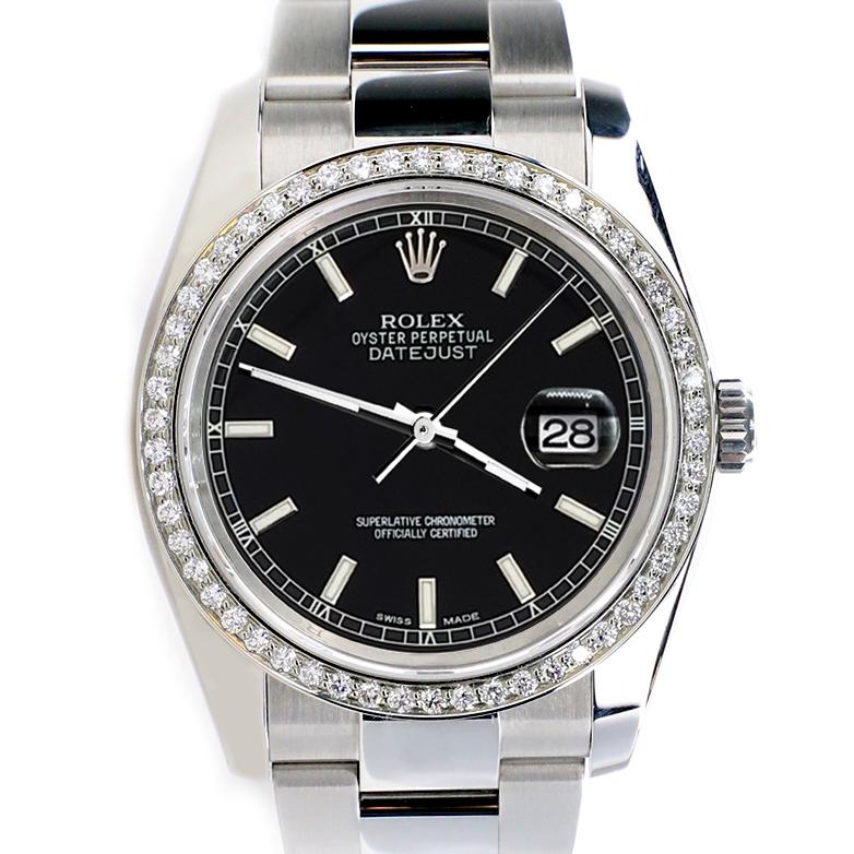 Rolex Datejust 36MM Black Stick Dial Watch with Custom Diamond Bezel 116200 en vente 3