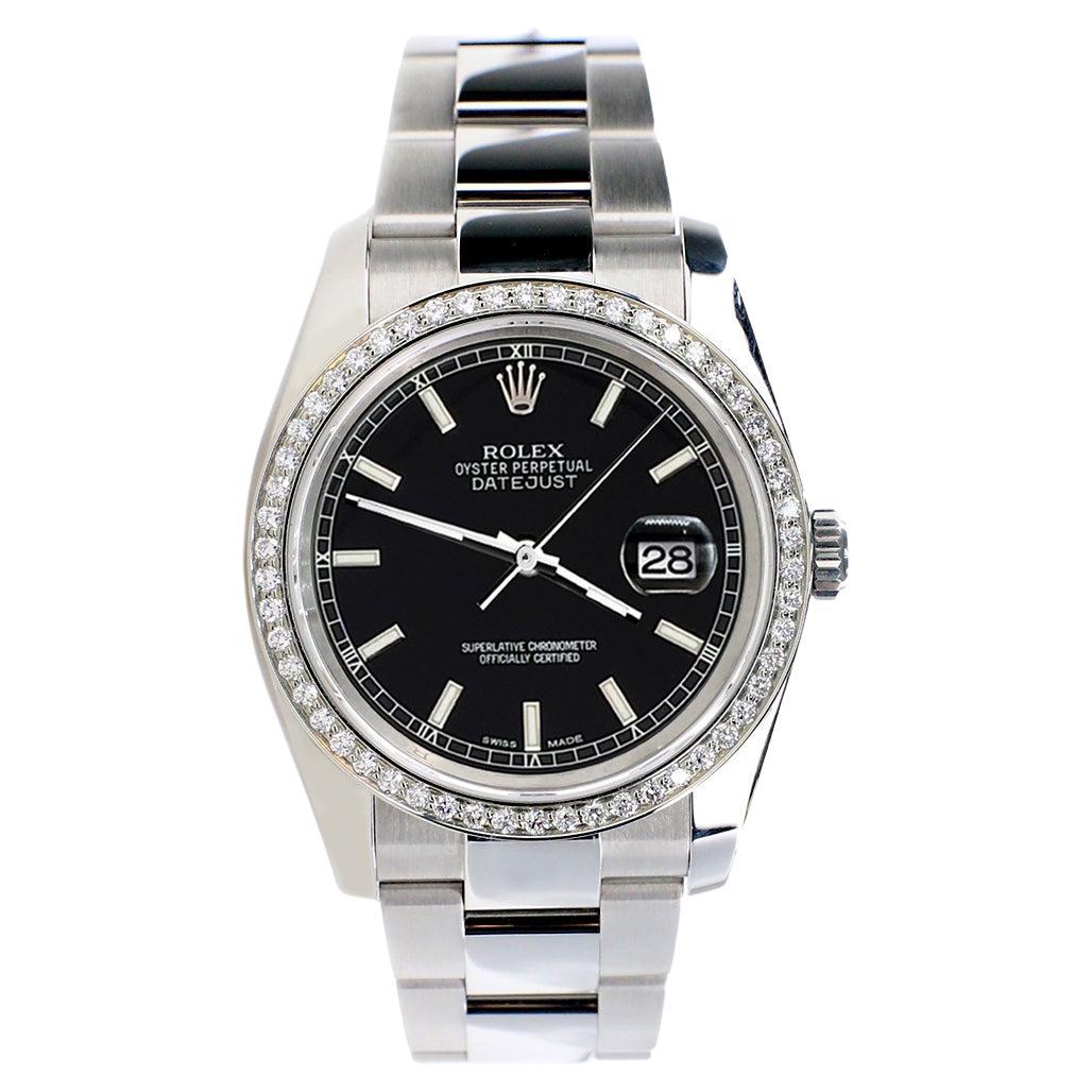 Rolex Datejust 36MM Black Stick Dial Watch with Custom Diamond Bezel 116200 en vente