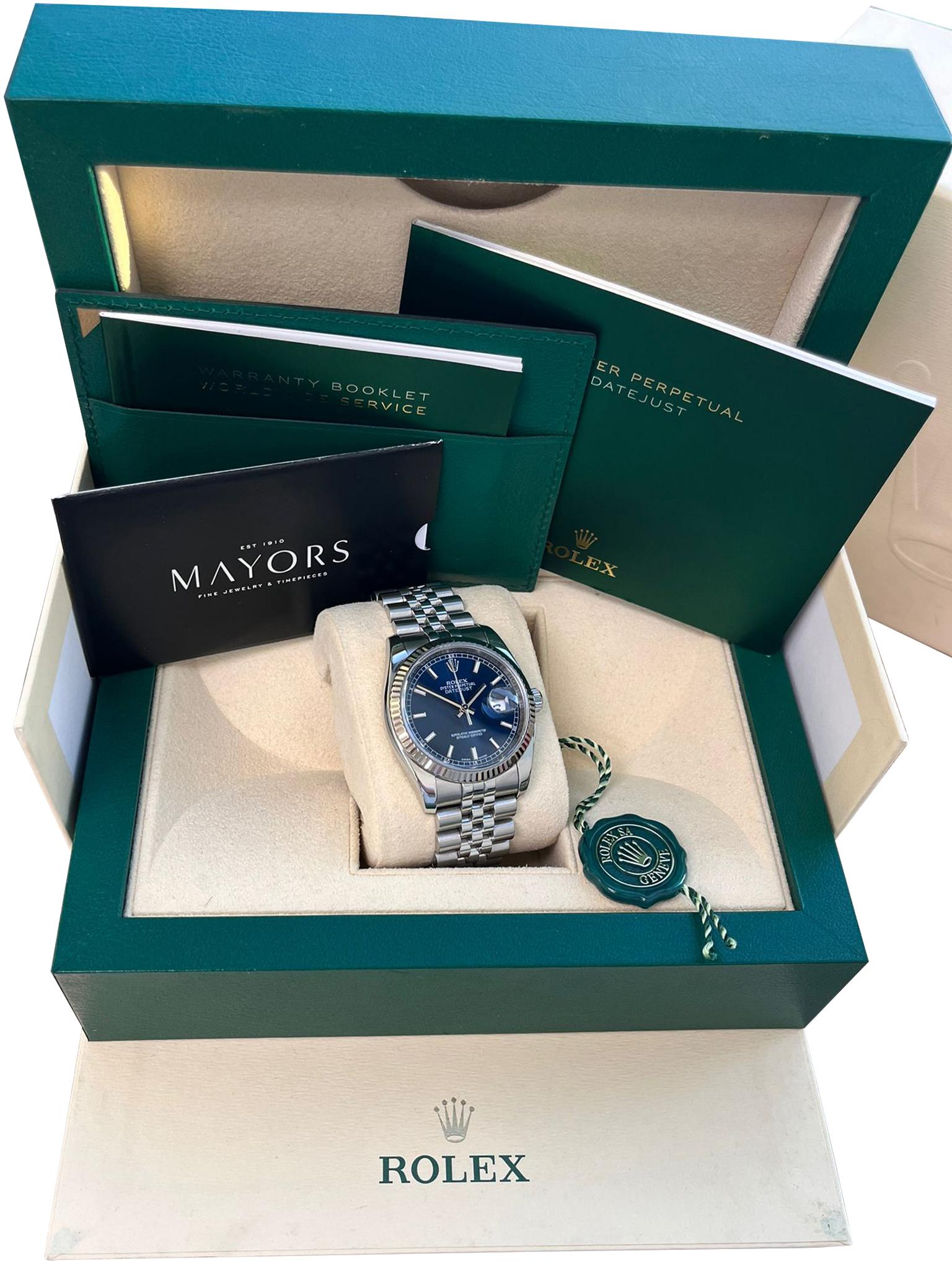Rolex Datejust 36 mm 116234 con esfera de índices azules Acabado en acero y oro blanco, siempre con bisel estriado de oro blanco de 18 quilates y caja y brazalete Jubilee. Es muy codiciado incluso por los coleccionistas de relojes de lujo más