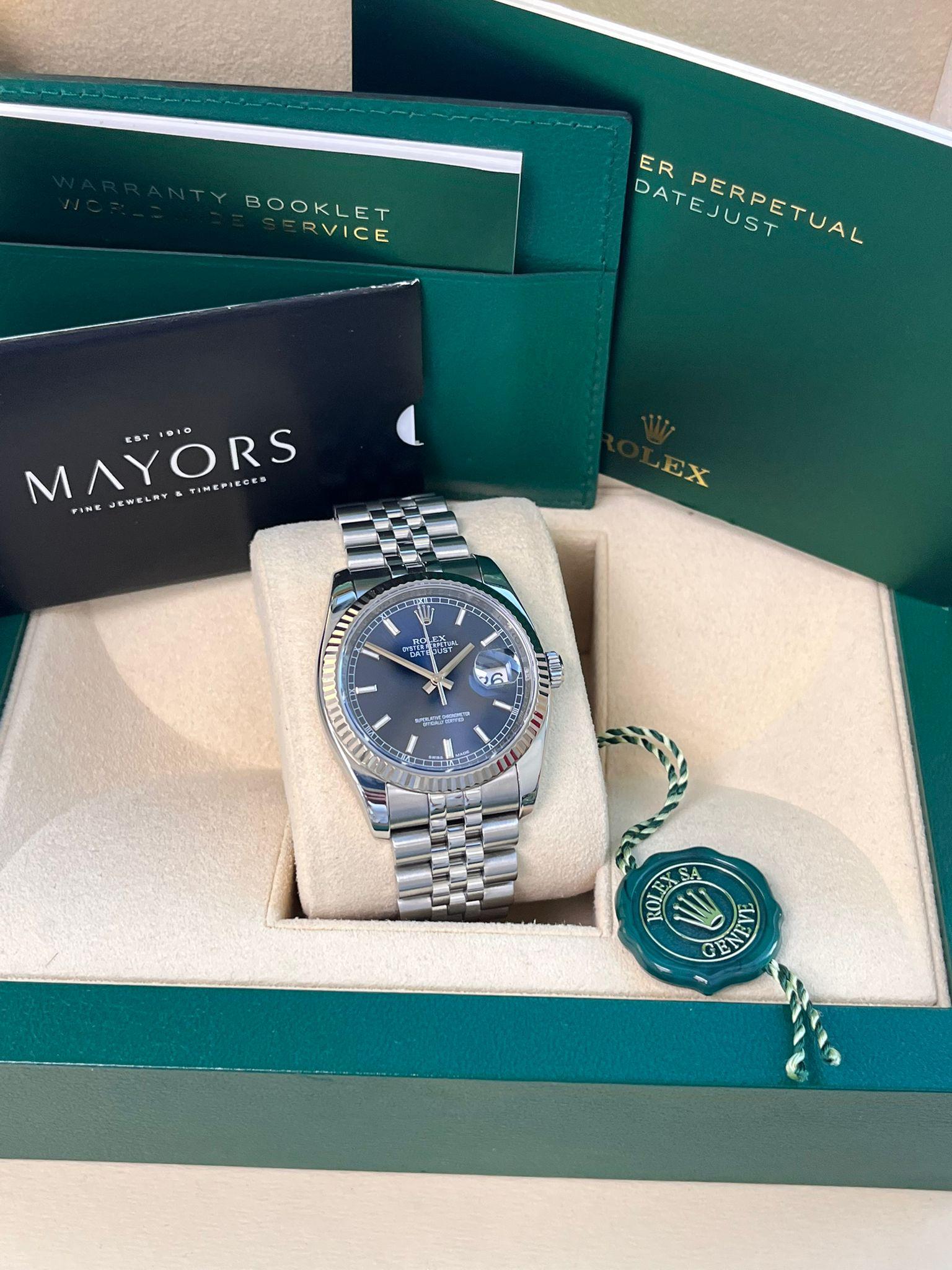 Reloj de caballero Rolex Datejust 36 mm Esfera índice azul Acero Oro blanco Jubilee 116234 Modernista en venta