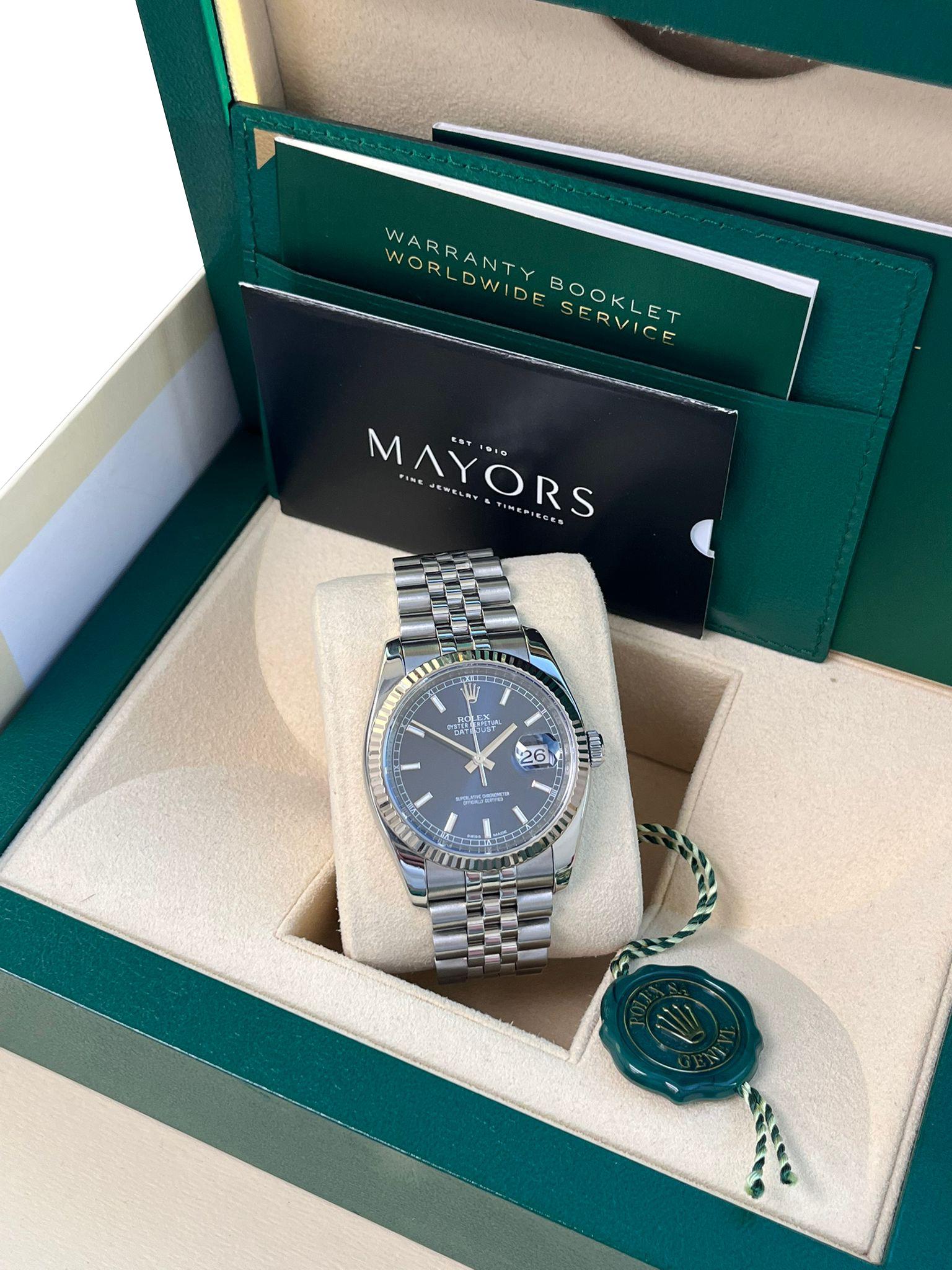 Reloj de caballero Rolex Datejust 36 mm Esfera índice azul Acero Oro blanco Jubilee 116234 en Bueno estado para la venta en Aventura, FL