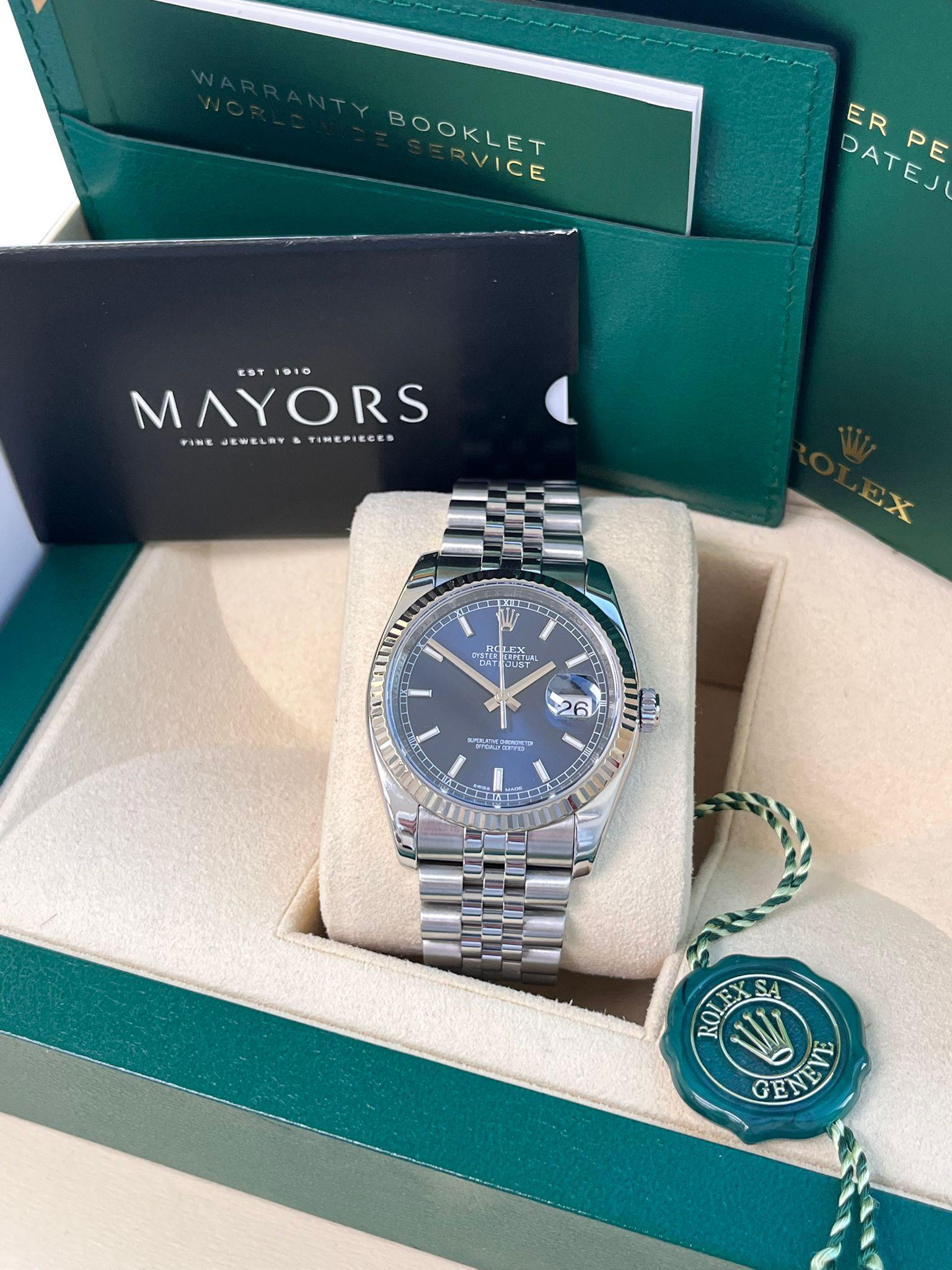 De los hombres Reloj de caballero Rolex Datejust 36 mm Esfera índice azul Acero Oro blanco Jubilee 116234 en venta