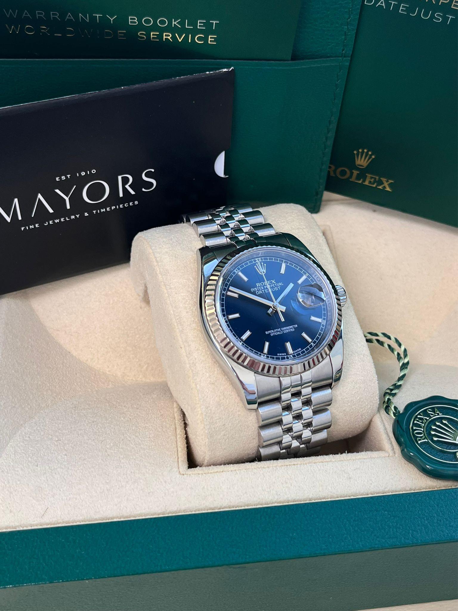 Reloj de caballero Rolex Datejust 36 mm Esfera índice azul Acero Oro blanco Jubilee 116234 en venta 2