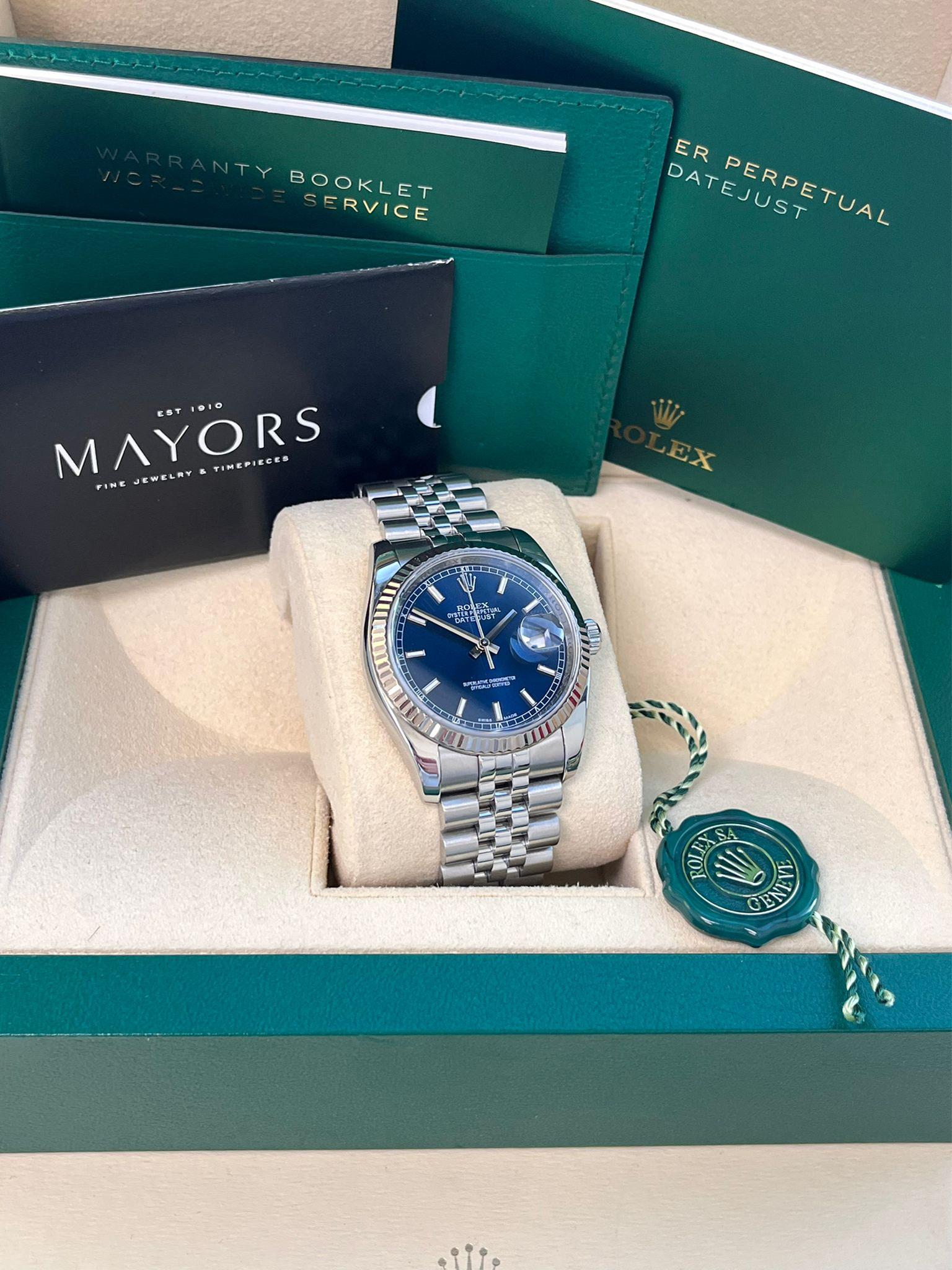 Reloj de caballero Rolex Datejust 36 mm Esfera índice azul Acero Oro blanco Jubilee 116234 en venta 3