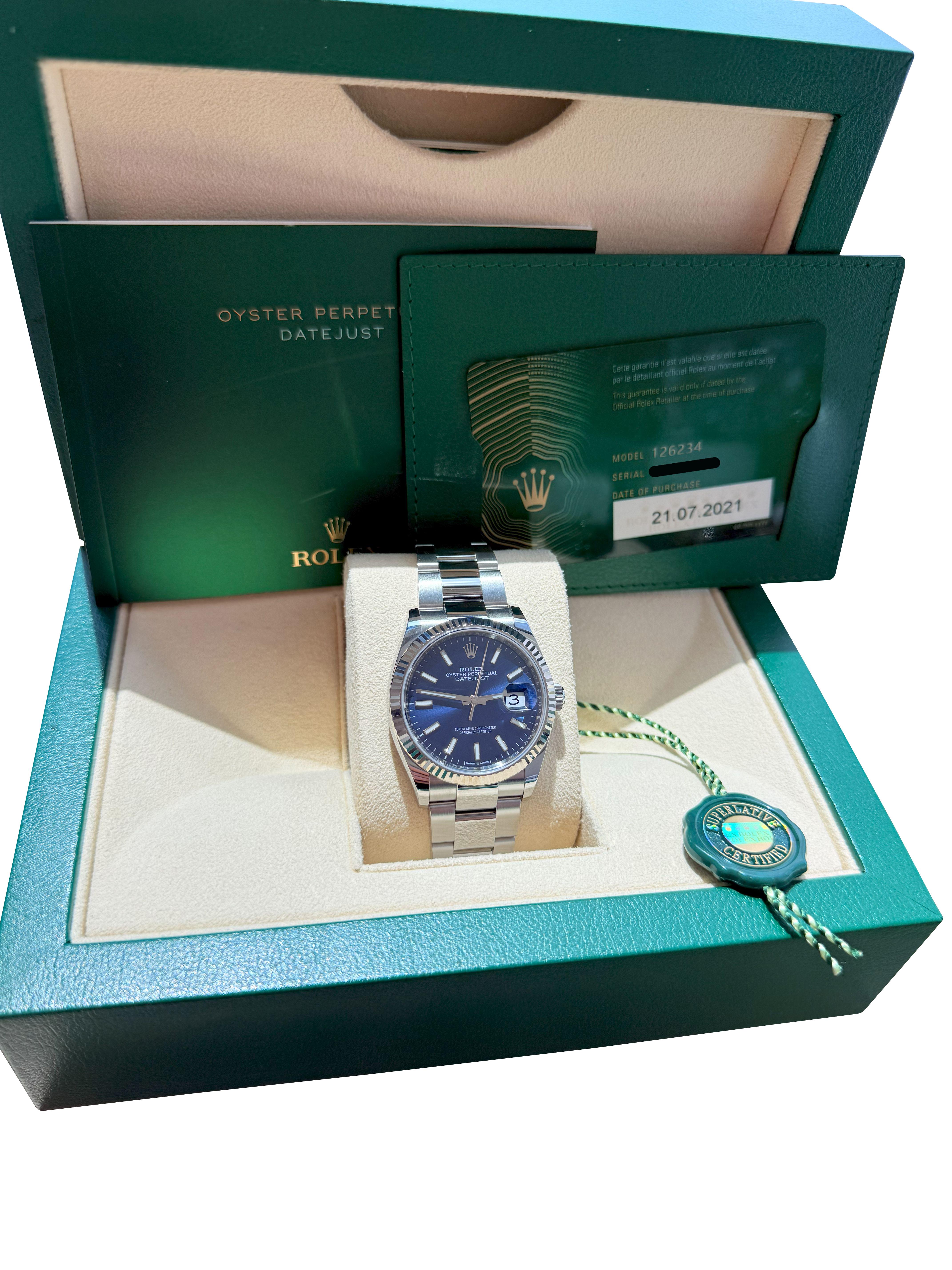 Rolex Datejust 36mm Blue Index Dial White Gold OysterSteel Bracelet Watch 126234 For Sale 5