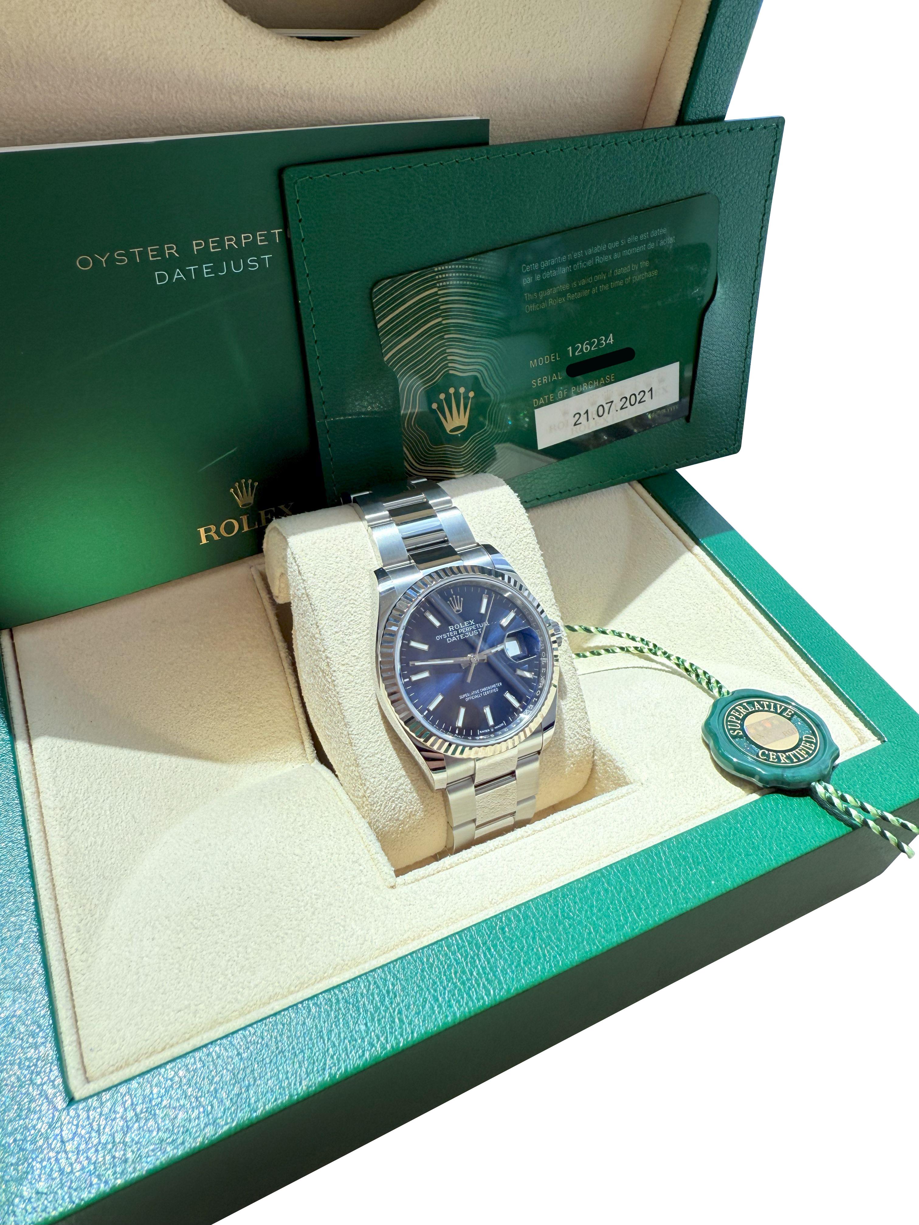 Rolex Datejust 36mm Blue Index Dial White Gold OysterSteel Bracelet Watch 126234 For Sale 7