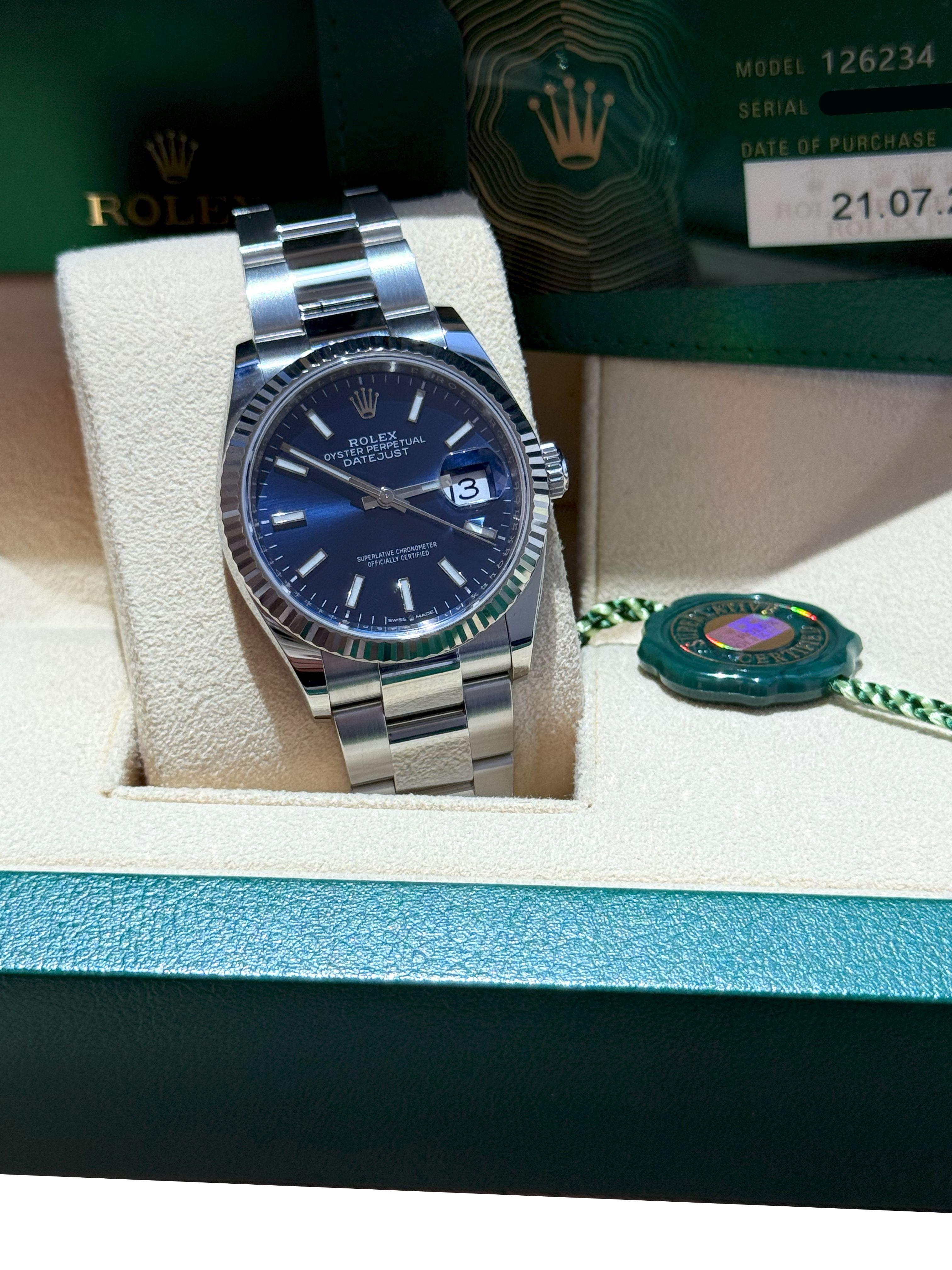 Rolex Datejust 36mm Blue Index Dial White Gold OysterSteel Bracelet Watch 126234 For Sale 9