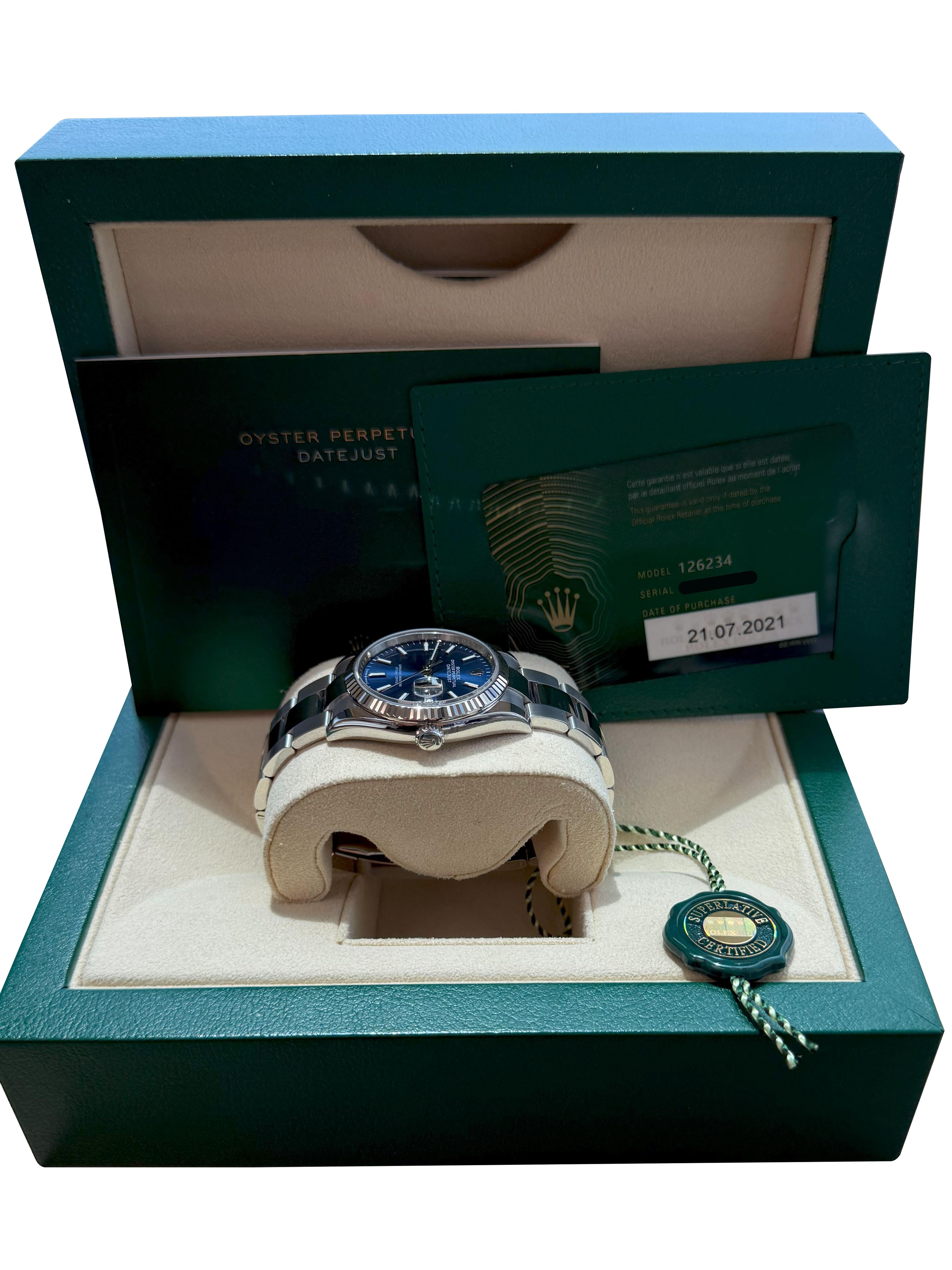 Rolex Datejust 36mm Blue Index Dial White Gold OysterSteel Bracelet Watch 126234 For Sale 10