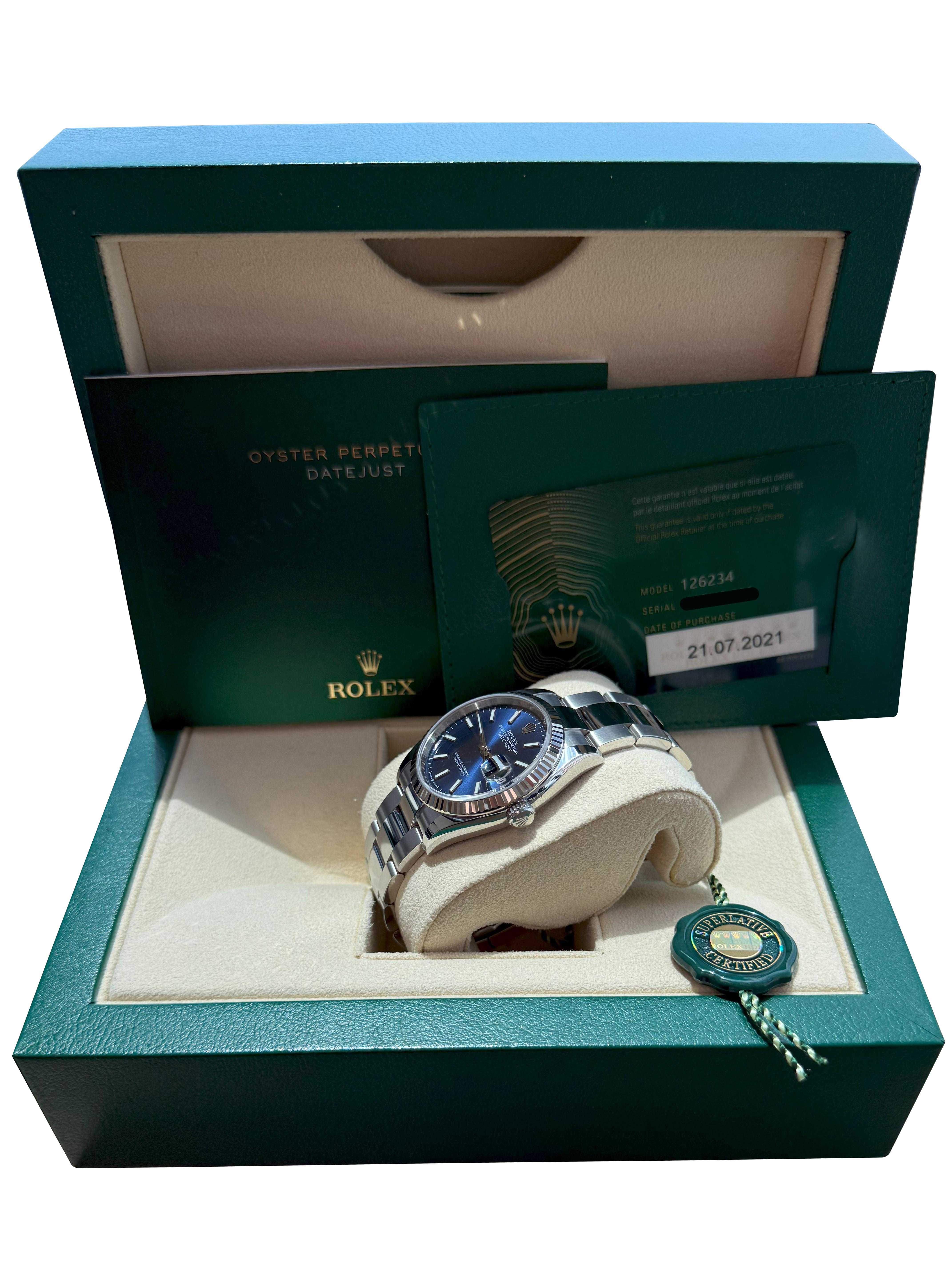 Rolex Datejust 36mm Blue Index Dial White Gold OysterSteel Bracelet Watch 126234 For Sale 11
