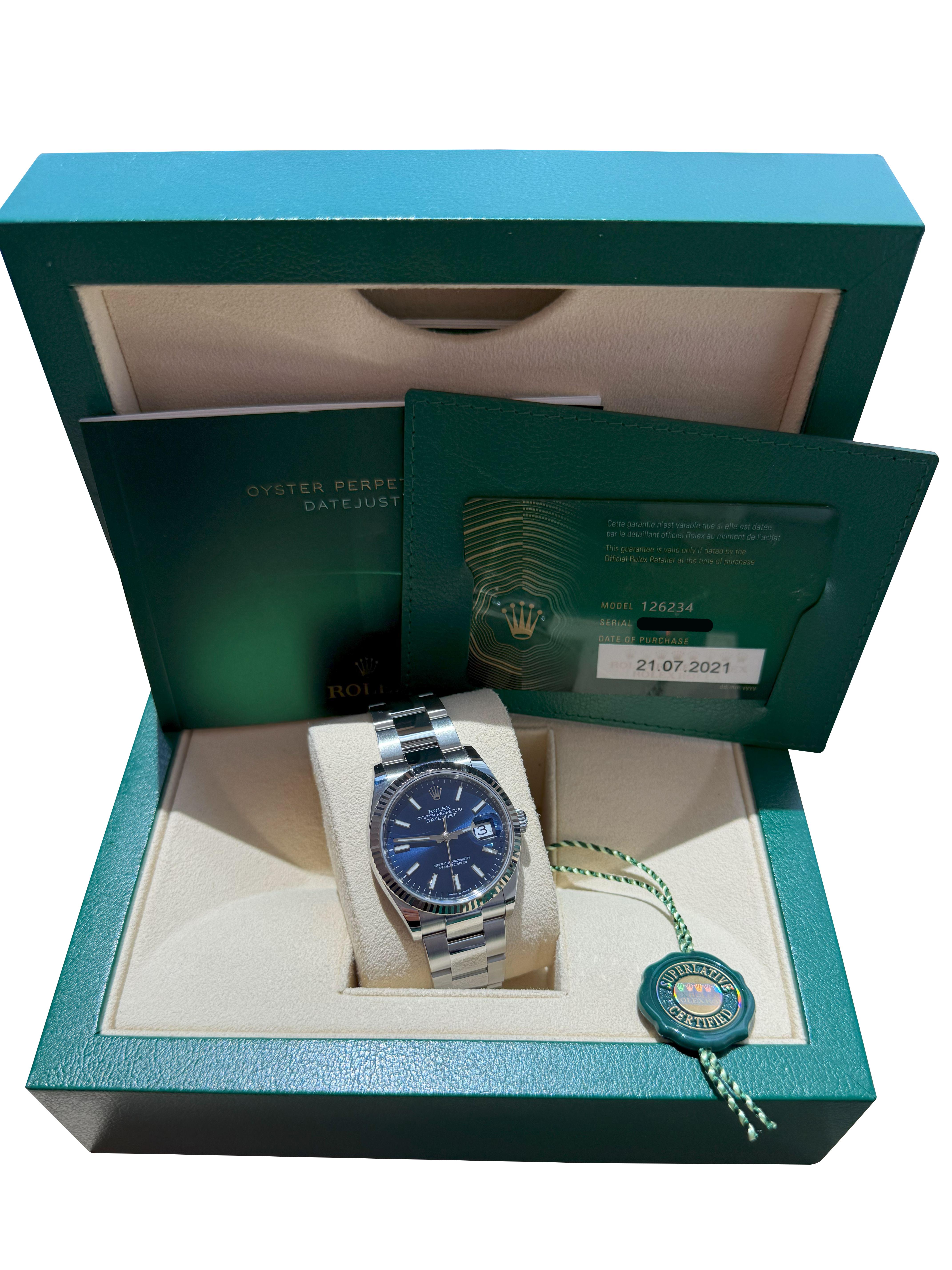 Modernist Rolex Datejust 36mm Blue Index Dial White Gold OysterSteel Bracelet Watch 126234 For Sale