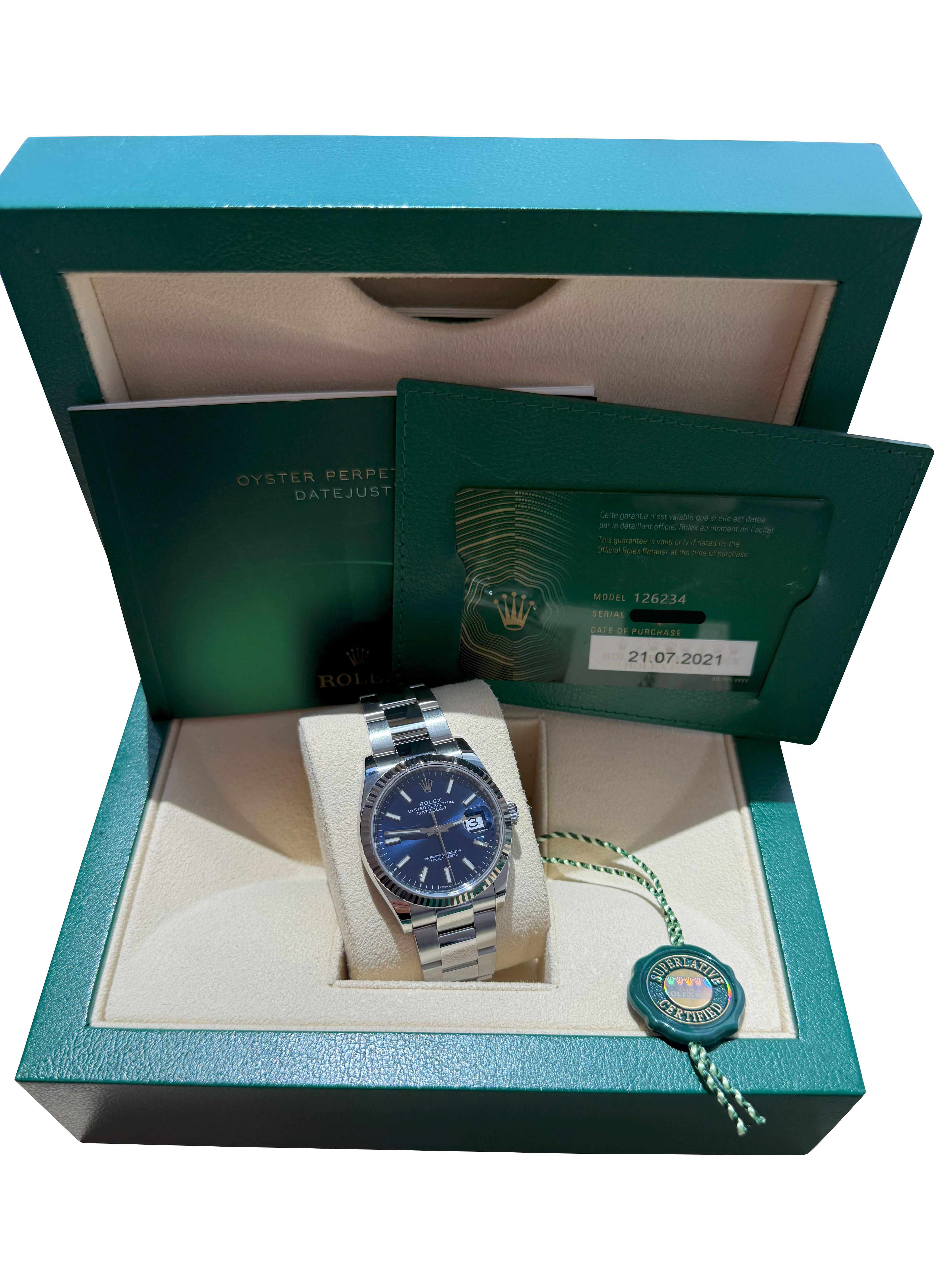 Rolex Datejust 36mm Blue Index Dial White Gold OysterSteel Bracelet Watch 126234 In Excellent Condition For Sale In Aventura, FL