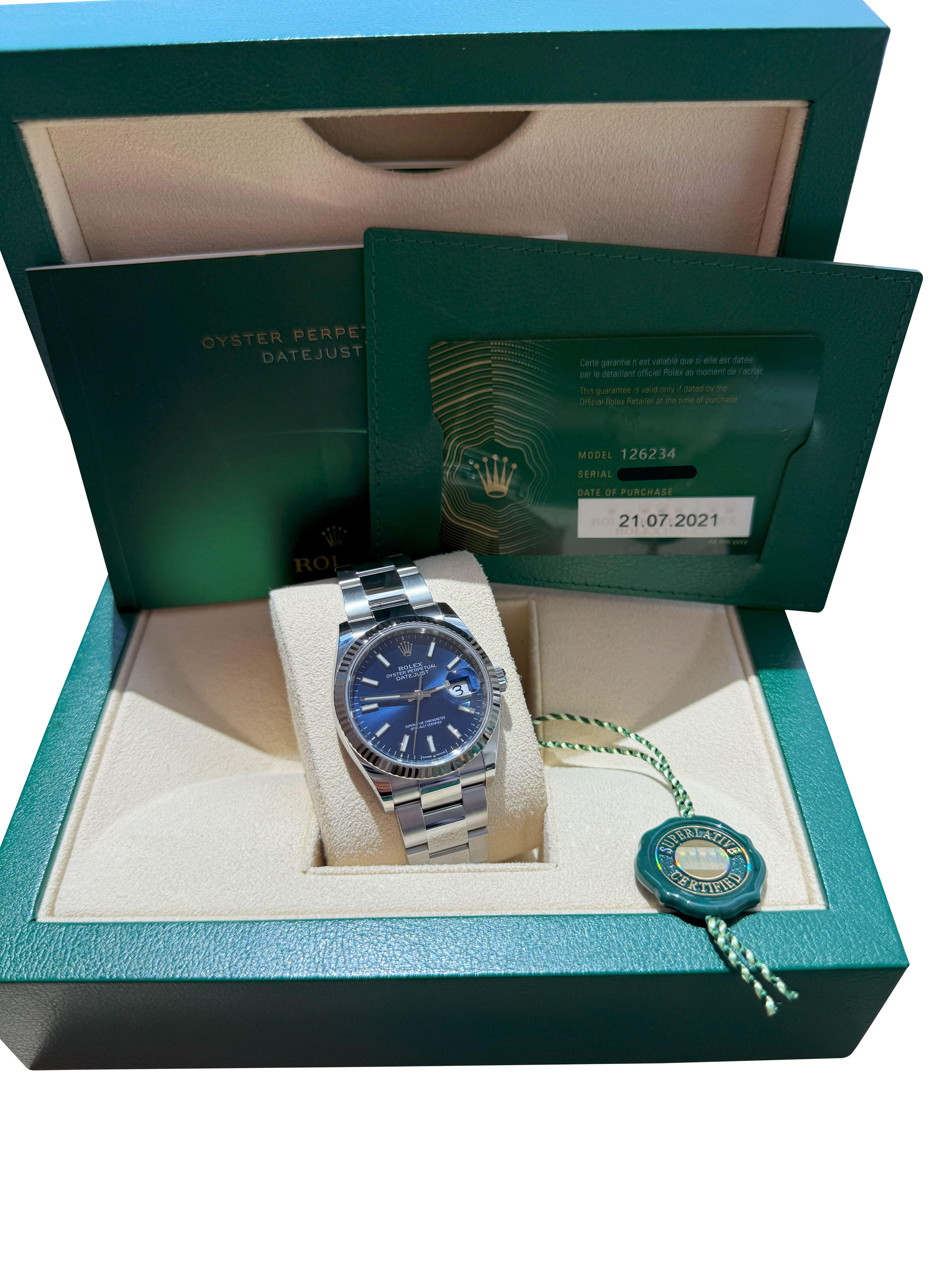 Women's or Men's Rolex Datejust 36mm Blue Index Dial White Gold OysterSteel Bracelet Watch 126234 For Sale