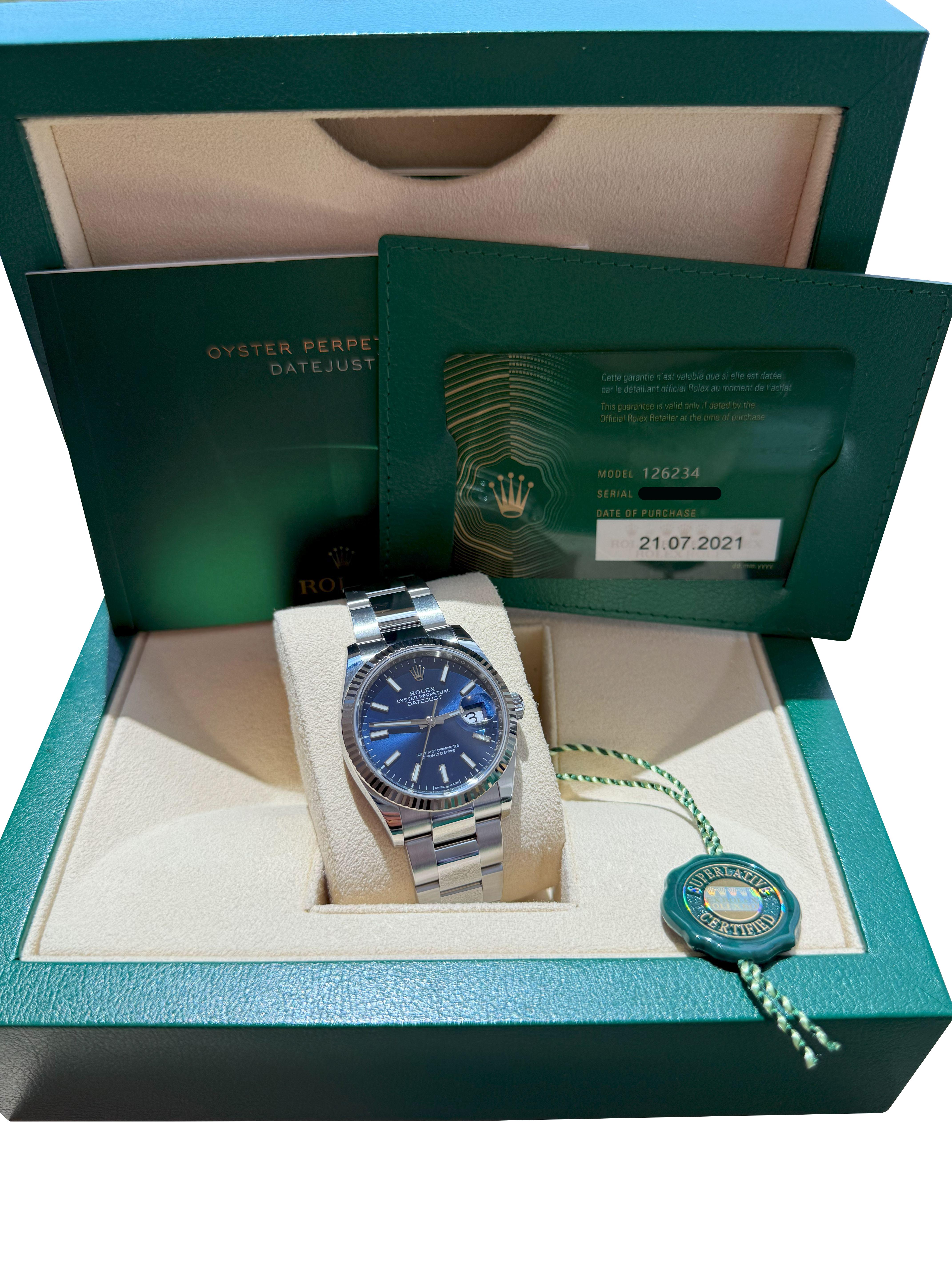 Rolex Datejust 36mm Blue Index Dial White Gold OysterSteel Bracelet Watch 126234 For Sale 1