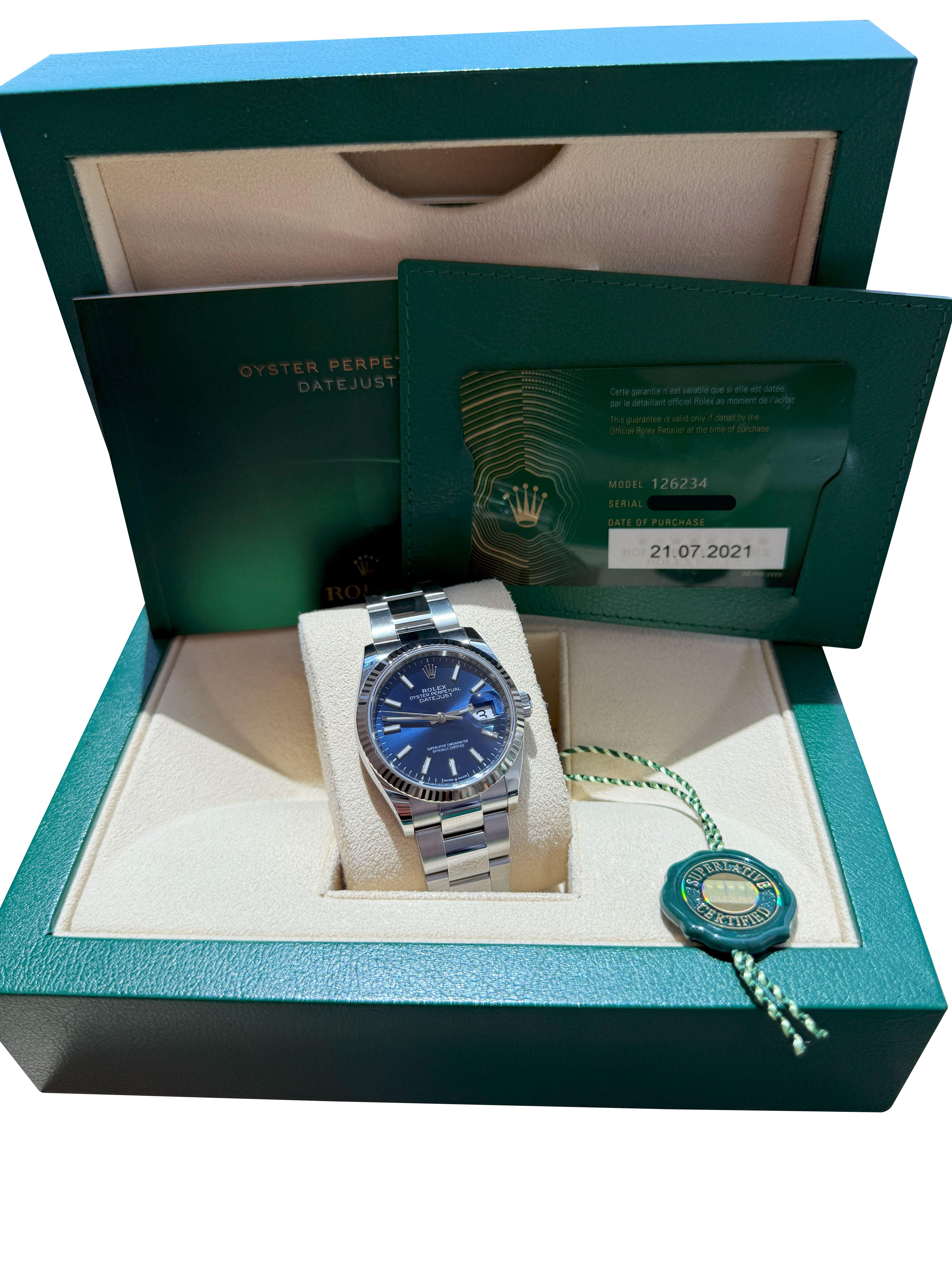 Rolex Datejust 36mm Blue Index Dial White Gold OysterSteel Bracelet Watch 126234 For Sale 2