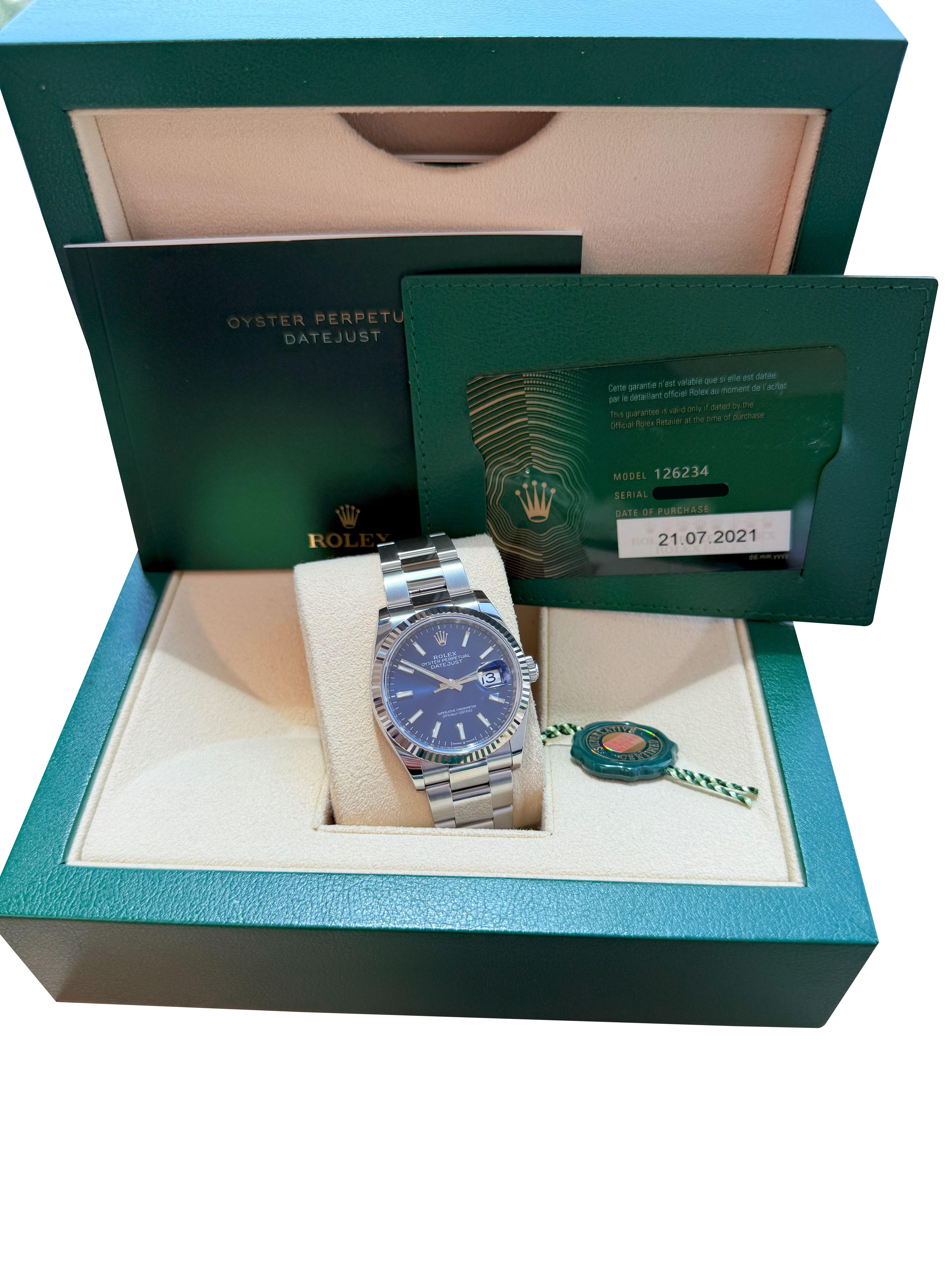 Rolex Datejust 36mm Blue Index Dial White Gold OysterSteel Bracelet Watch 126234 For Sale 3
