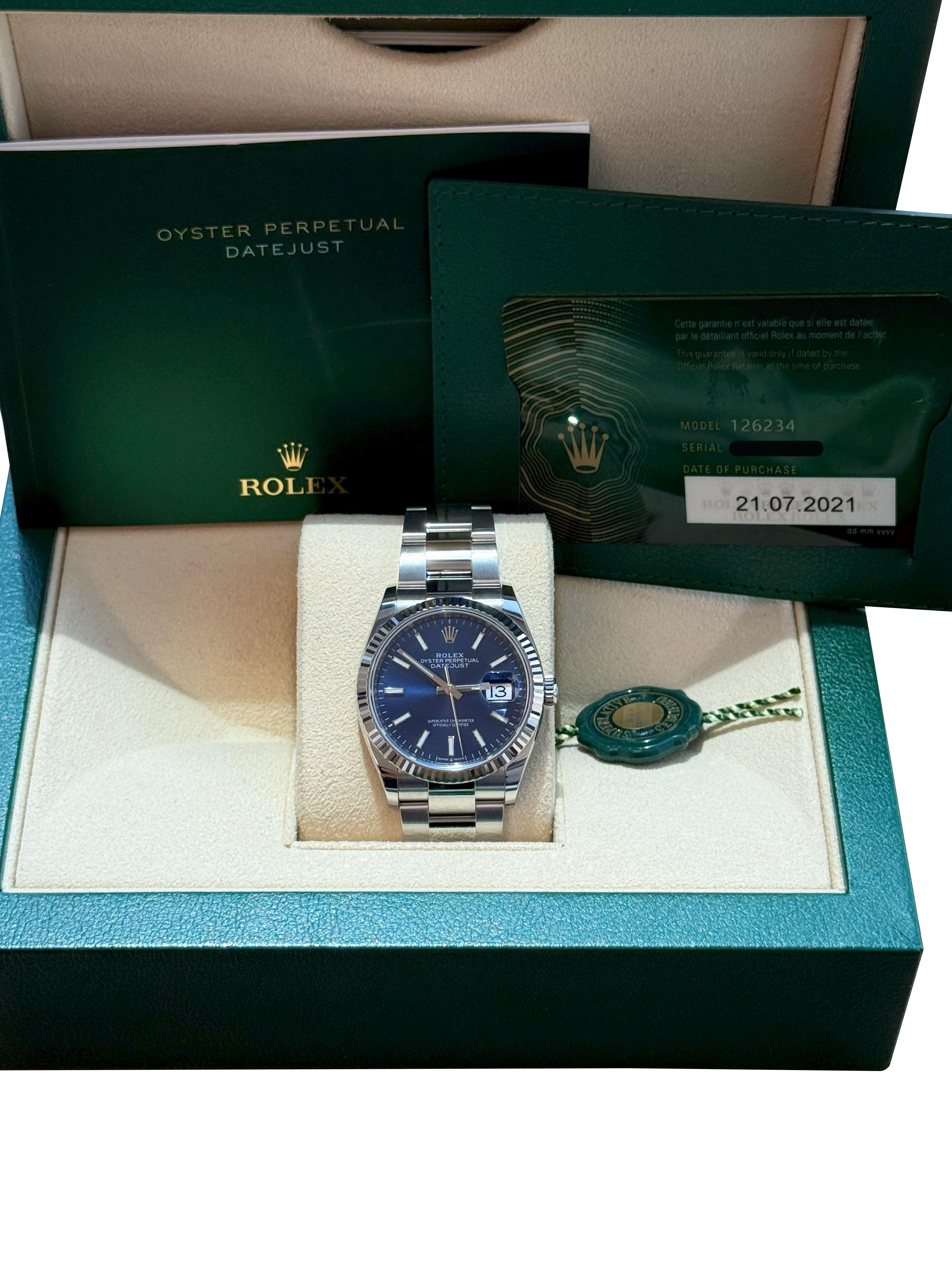 Rolex Datejust 36mm Blue Index Dial White Gold OysterSteel Bracelet Watch 126234 For Sale 4