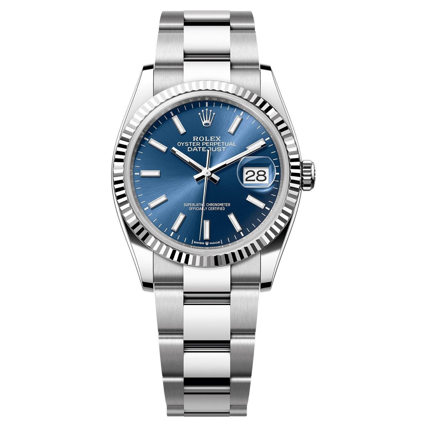 Rolex Datejust 36mm Blue Index Dial White Gold OysterSteel Bracelet Watch 126234 For Sale