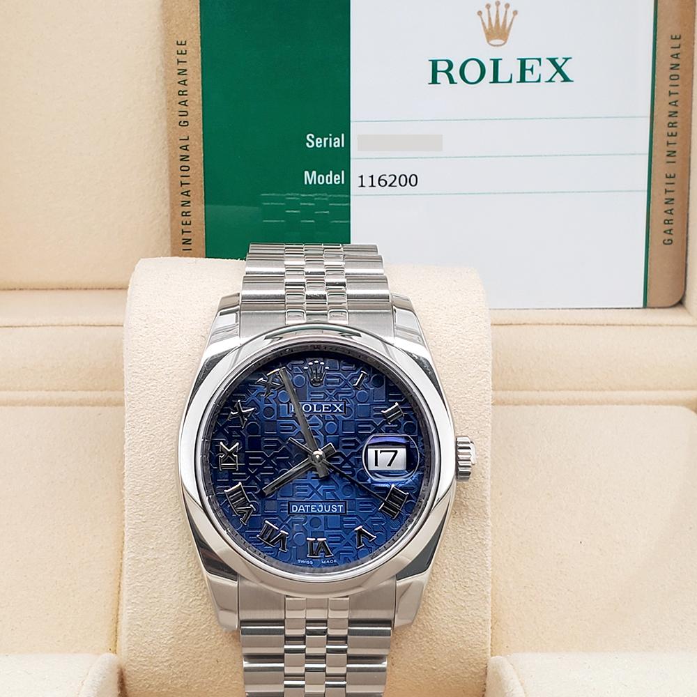 Moderne Rolex Montre Datejust 36mm avec cadran romain bleu Jubilee en acier 116200, boîte et papiers d'origine en vente
