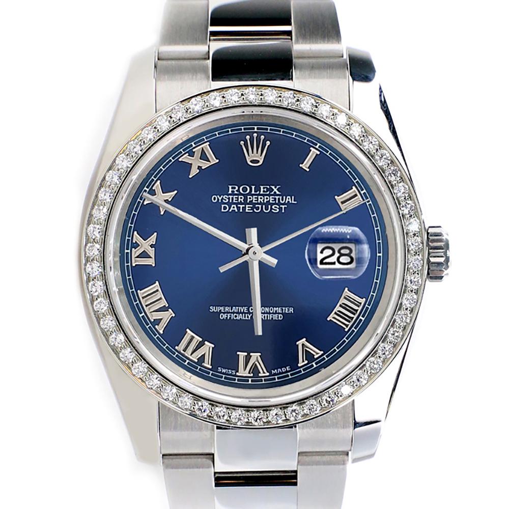 Rolex Datejust 36MM Blue Roman Dial Steel Watch with Custom Diamond Bezel 116200 For Sale 3