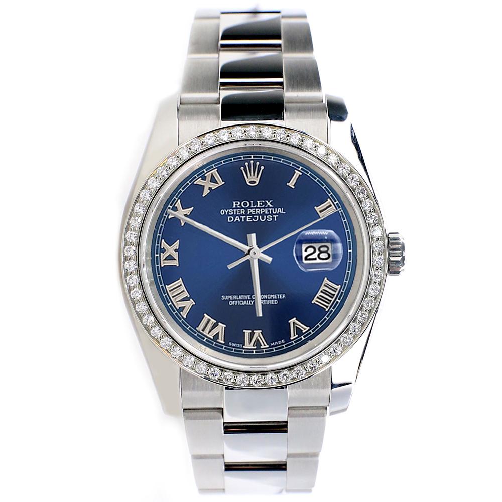 Rolex Datejust 36mm Stainless Steel oyster Watch, ref #116200. Factory Blue Roman dial. Custom diamond bezel (diamonds are not set by Rolex).

Excellent, pristine condition, no signs of wear, works flawlessly, comes with Rolex box, certificate of