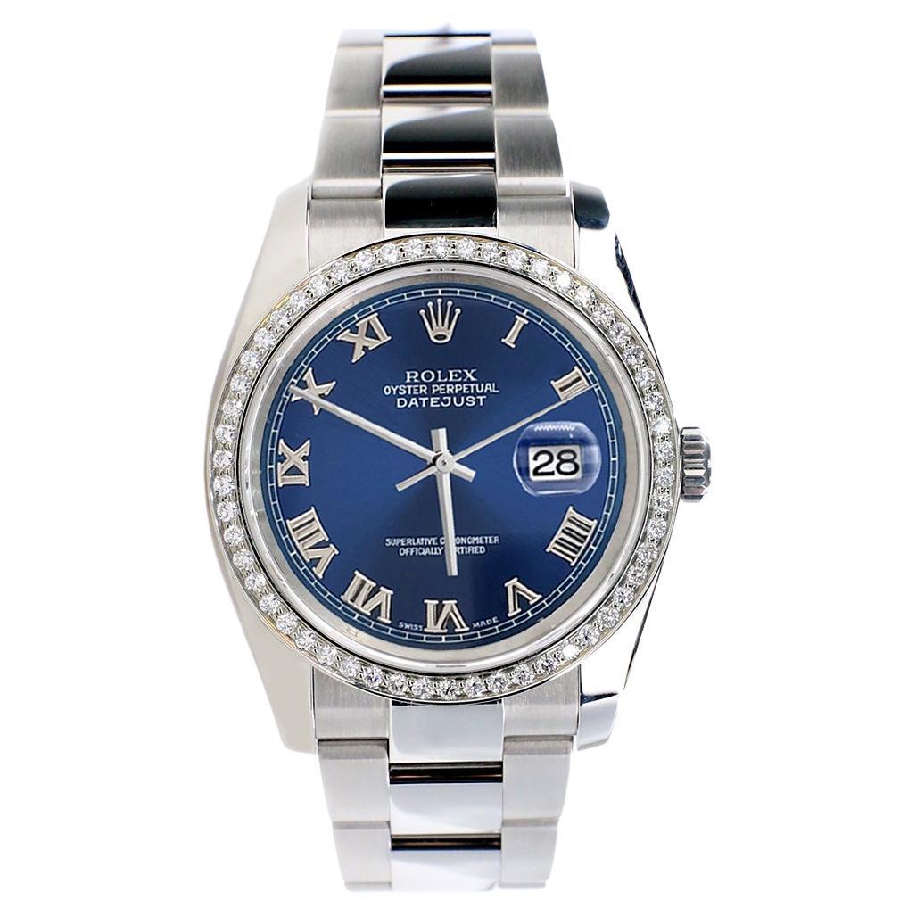 Rolex Datejust 36MM Blue Roman Dial Steel Watch with Custom Diamond Bezel 116200 For Sale