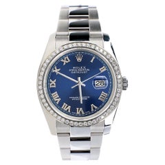 Rolex Datejust 36MM Blue Roman Dial Steel Watch with Custom Diamond Bezel 116200