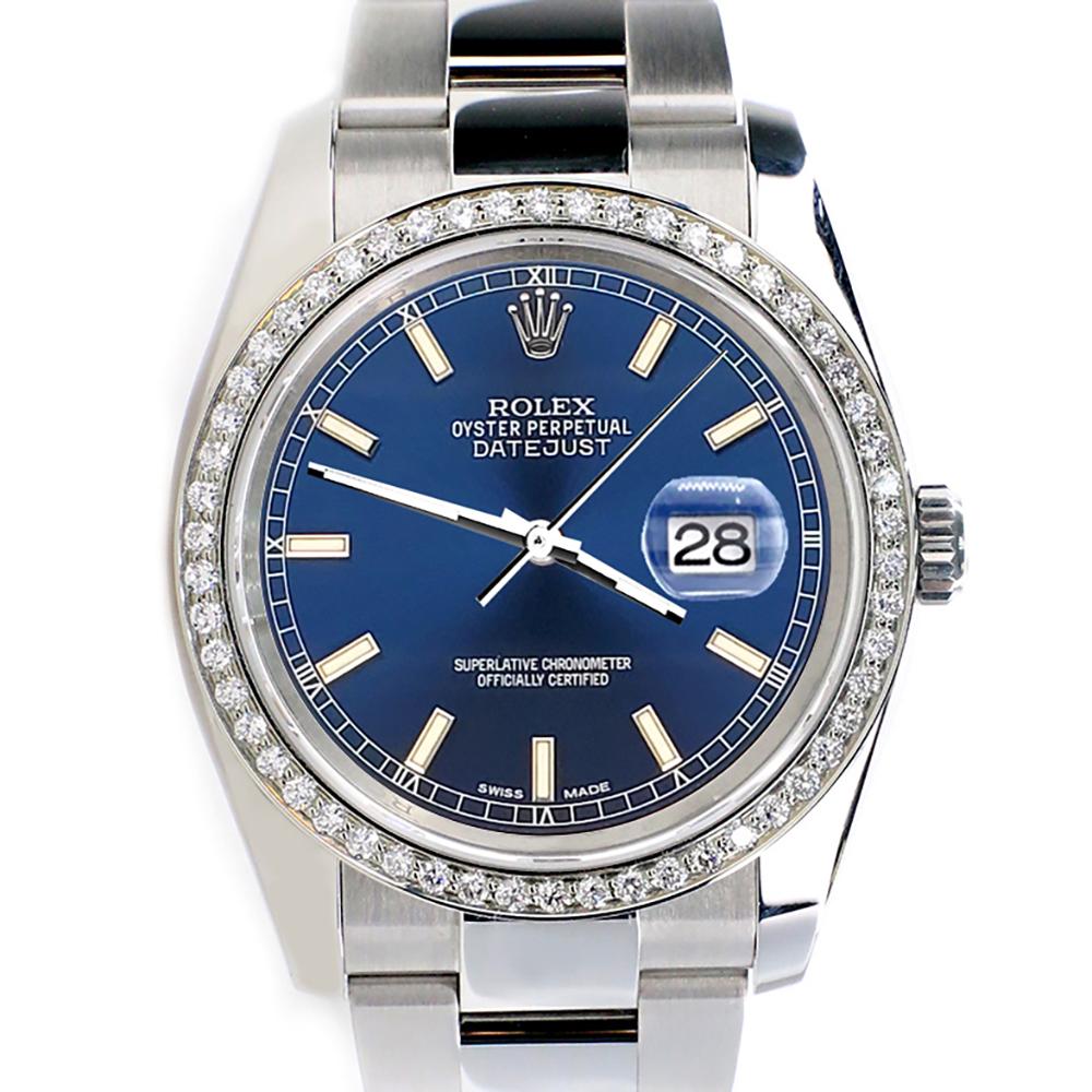 Rolex Datejust 36MM Blue Stick Dial Steel Oyster Watch with Custom Diamond Bezel For Sale 1