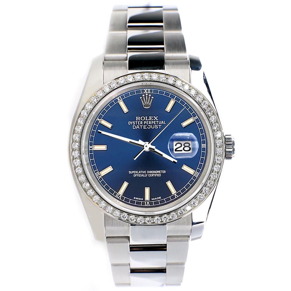 Rolex Datejust 36mm Stainless Steel oyster Watch, ref #116200. Factory Blue Stick dial. Custom diamond bezel (diamonds are not set by Rolex).

Excellent, pristine condition, no signs of wear, works flawlessly, comes with Rolex box, certificate of