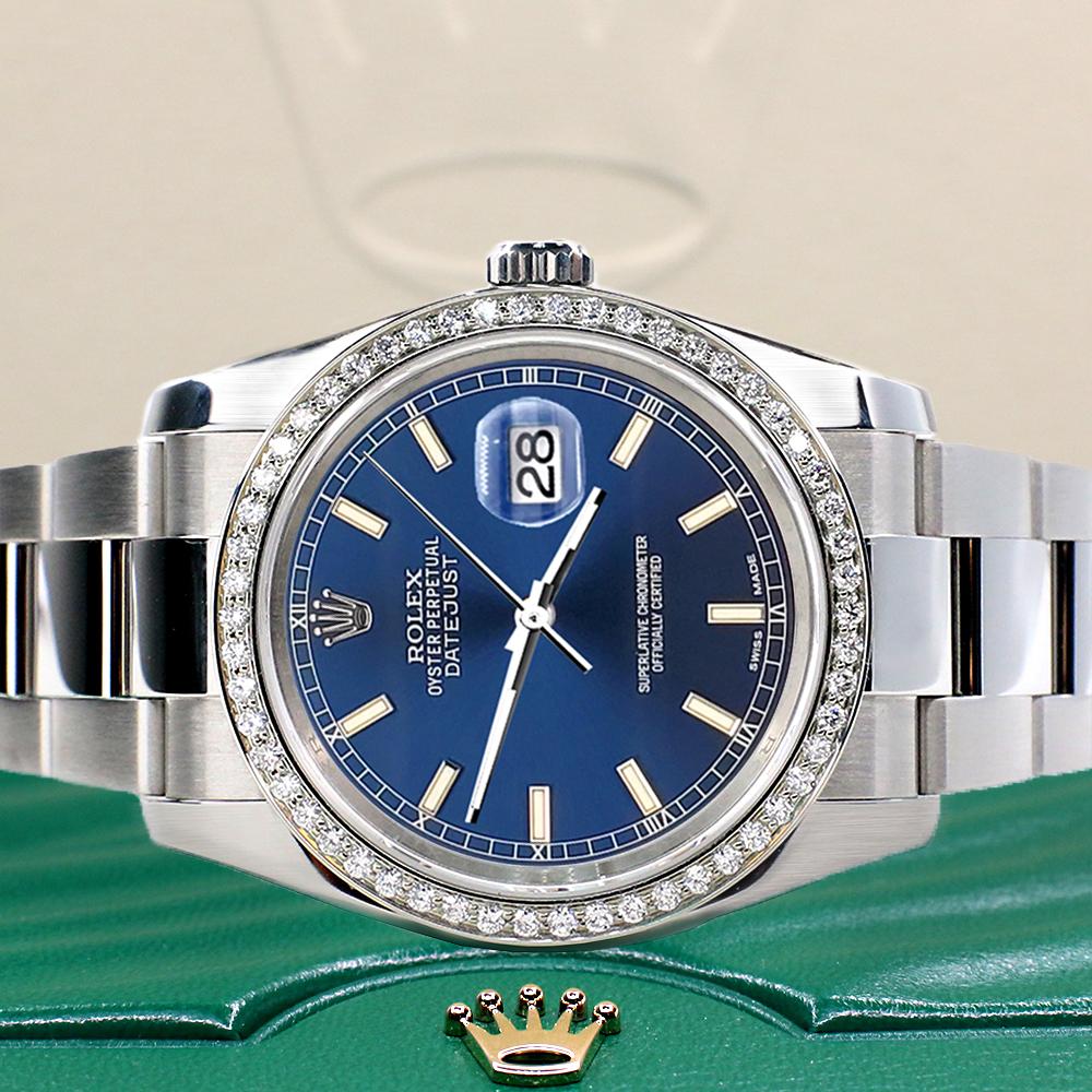 Women's or Men's Rolex Datejust 36MM Blue Stick Dial Steel Oyster Watch with Custom Diamond Bezel For Sale