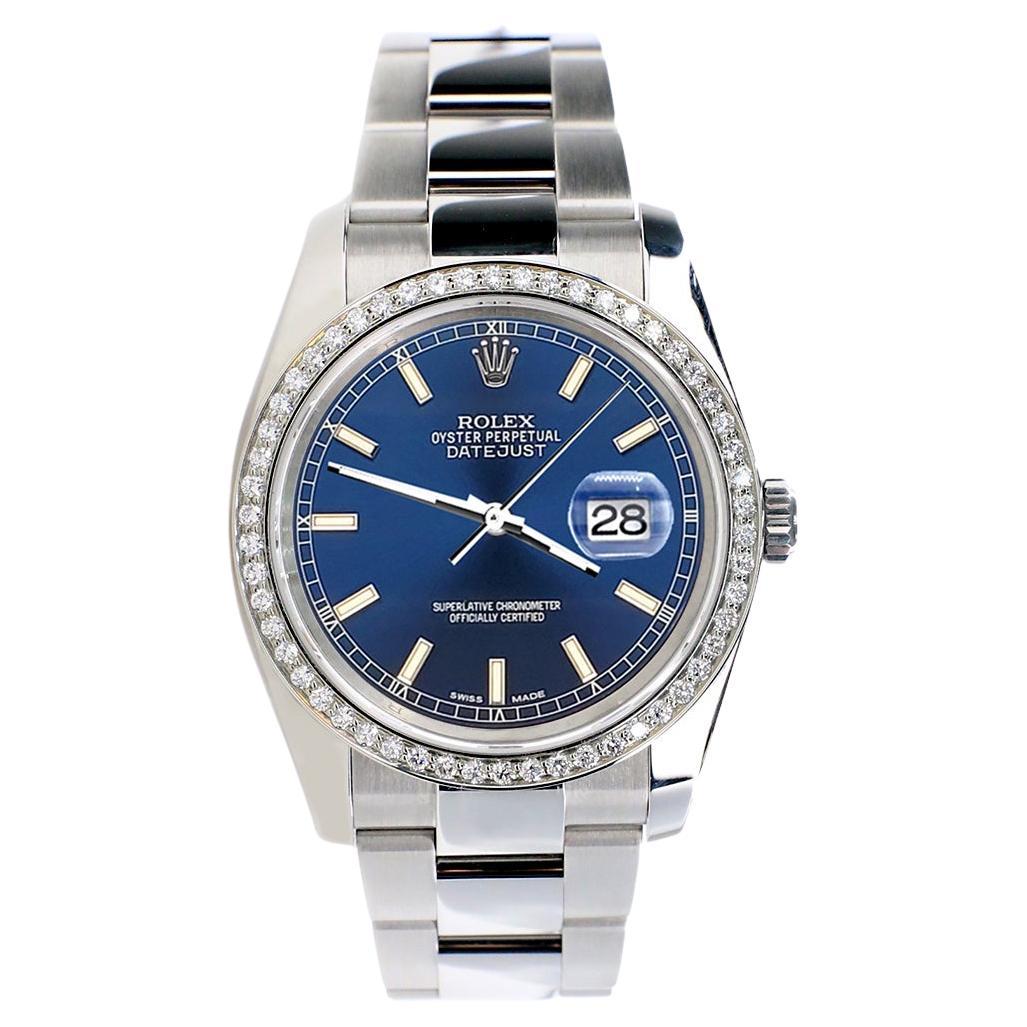 Rolex Datejust 36MM Blue Stick Dial Steel Oyster Watch with Custom Diamond Bezel For Sale