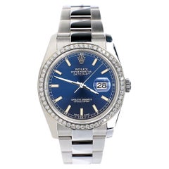 Rolex Datejust 36MM Blue Stick Dial Steel Oyster Watch with Custom Diamond Bezel