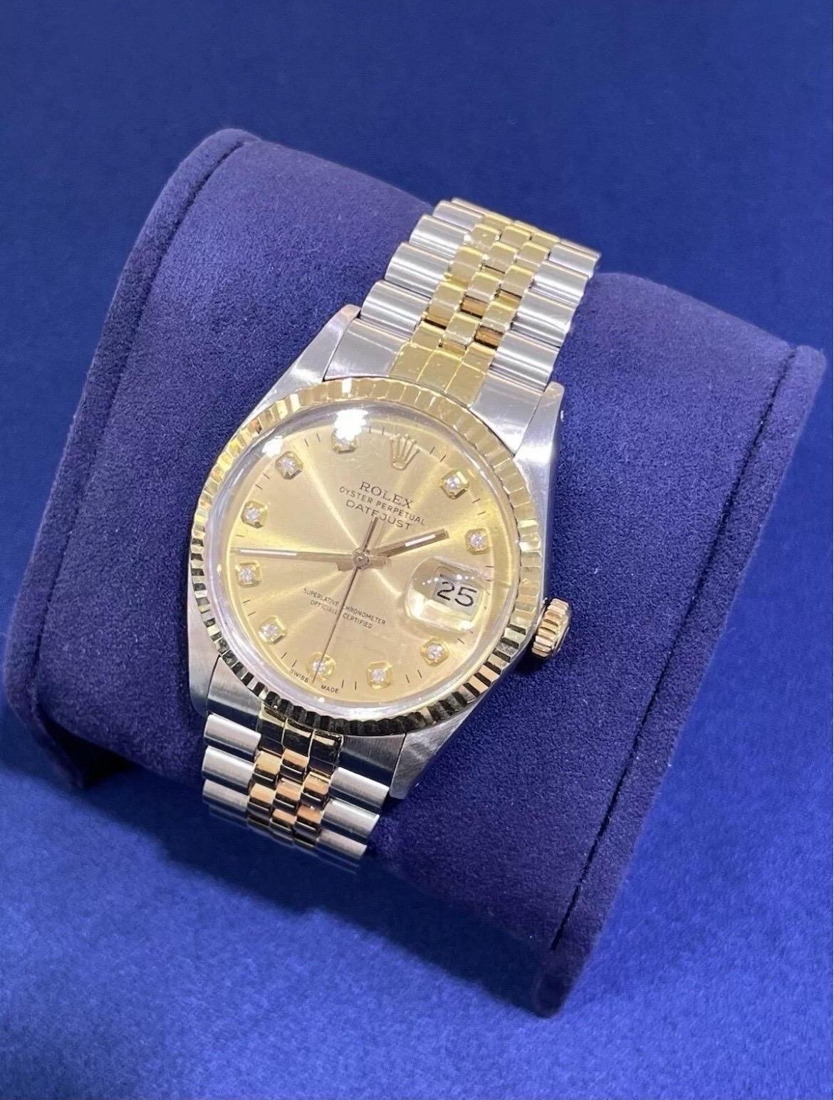 Round Cut Rolex DateJust 36mm Champagne Dial 18K Gold Stainless Steel Jubilee Watch 16013 For Sale
