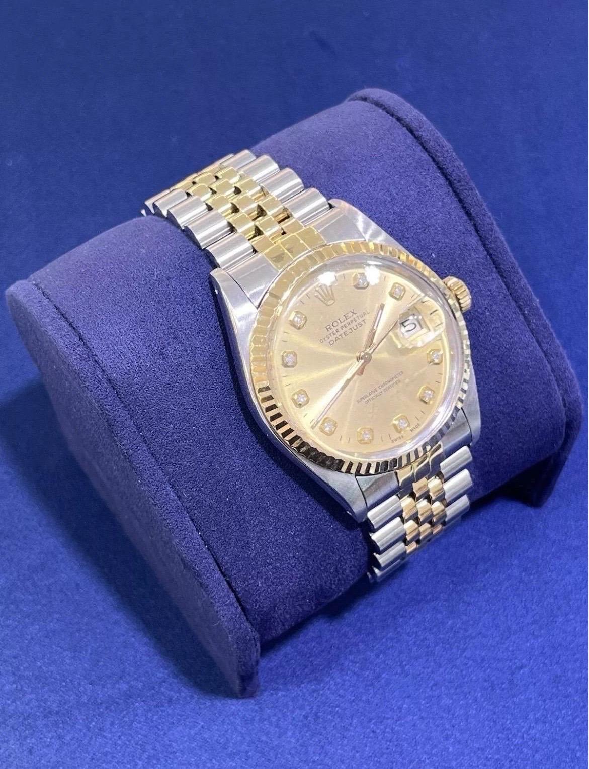 Women's or Men's Rolex DateJust 36mm Champagne Dial 18K Gold Stainless Steel Jubilee Watch 16013 For Sale