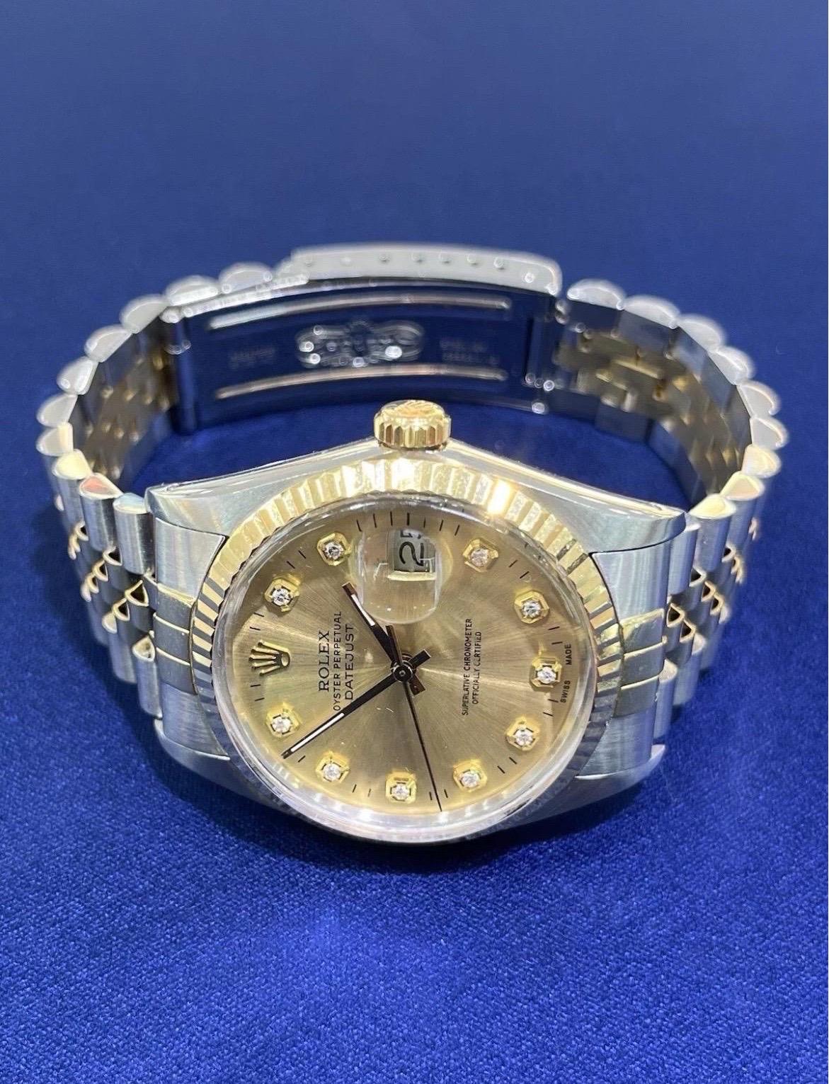 Rolex DateJust 36mm Champagne Dial 18K Gold Stainless Steel Jubilee Watch 16013 For Sale 3