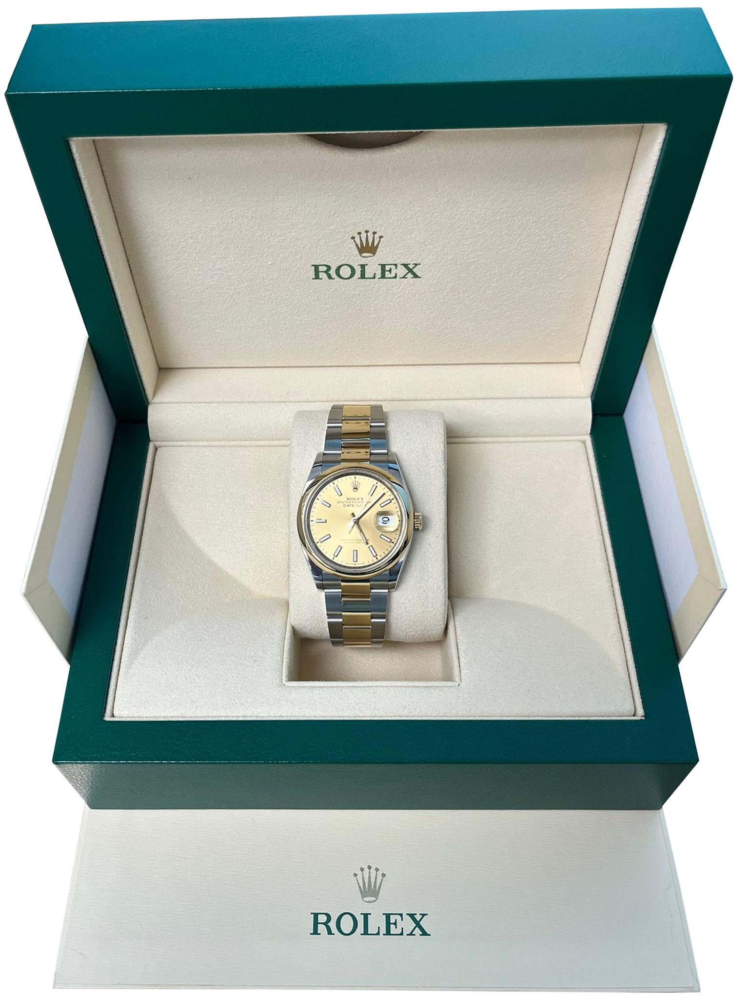 Moderniste Rolex Datejust 36mm Champagne Dial Two-Tone Yellow Gold Oystersteel Watch 126203 en vente