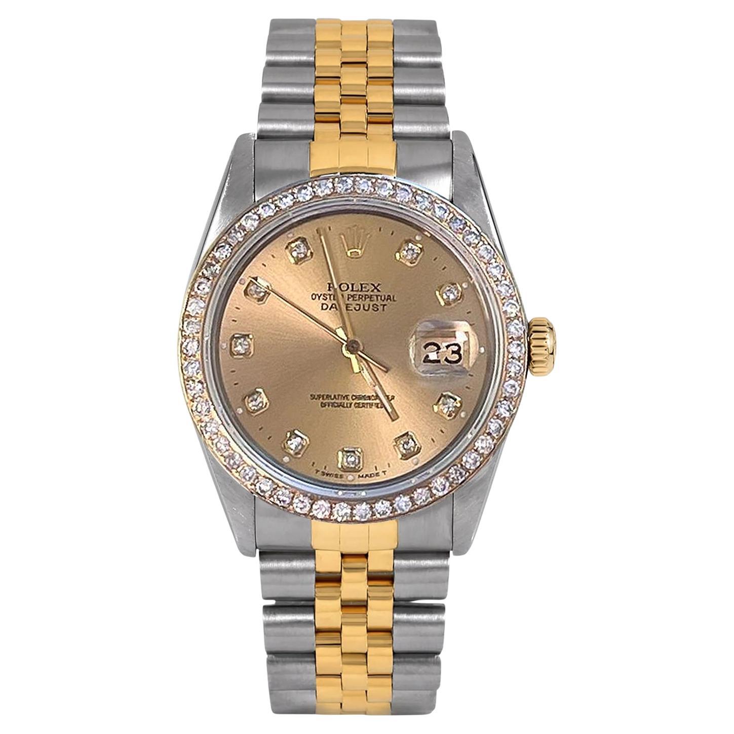 Rolex Datejust 36mm Champagne Diamond Dial Bezel Steel 18K Gold Watch 16013