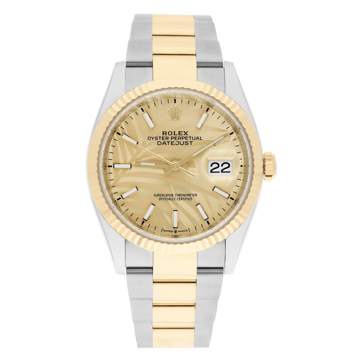 Rolex Datejust Steel and Yellow Gold, Golden Palm Dial Mens Watch 126233 Unworn. Officially certified chronometer self-winding movement. Stainless steel and 18K yellow gold case 36.0 mm in diameter. Rolex logo on a crown. 18K yellow gold fluted