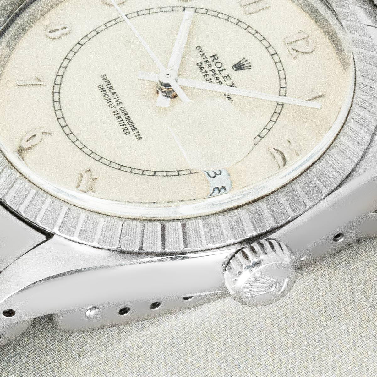 A 36mm Datejust by Rolex in stainless steel. This is a rare model, featuring what collectors refer to as a 